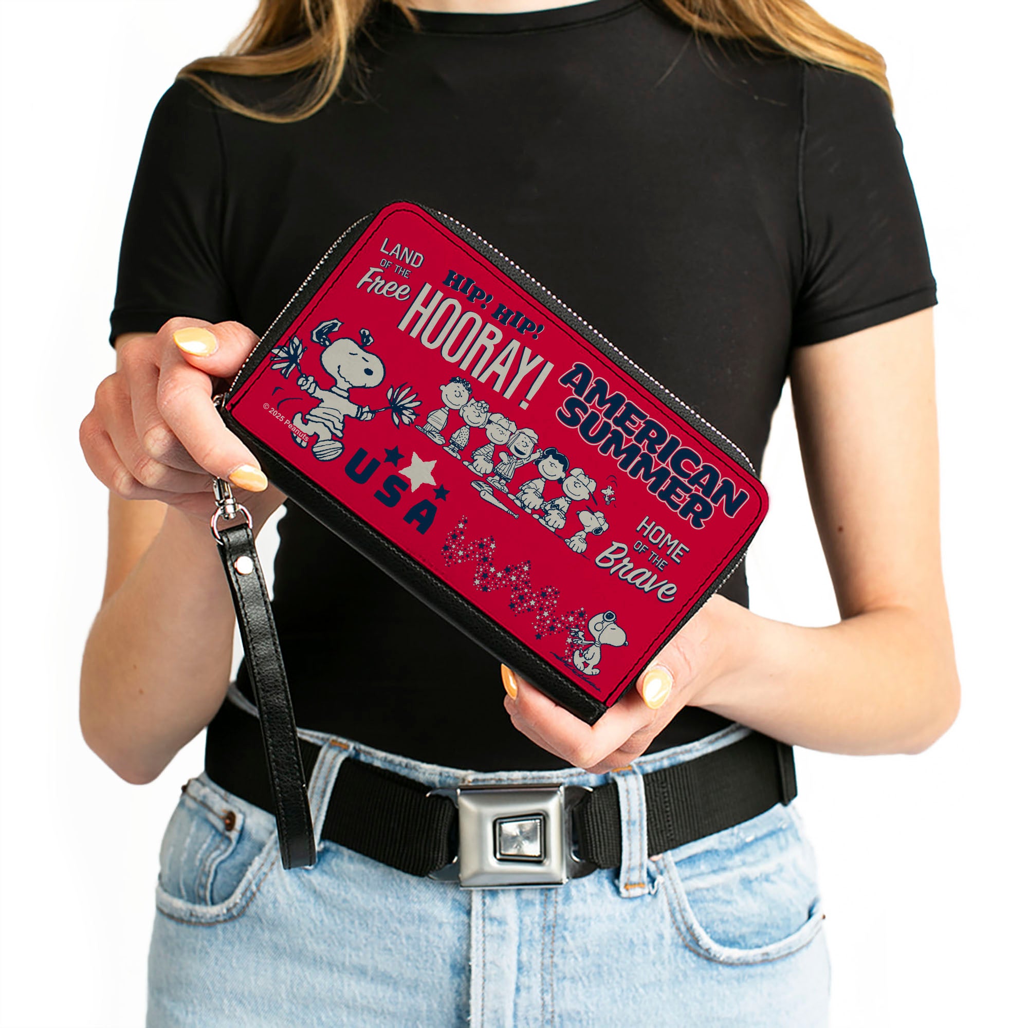 PU Zip Around Wallet Rectangle - Peanuts Gang AMERICAN SUMMER Poses Red/Blue/White Clutch Zip Around Wallets Peanuts