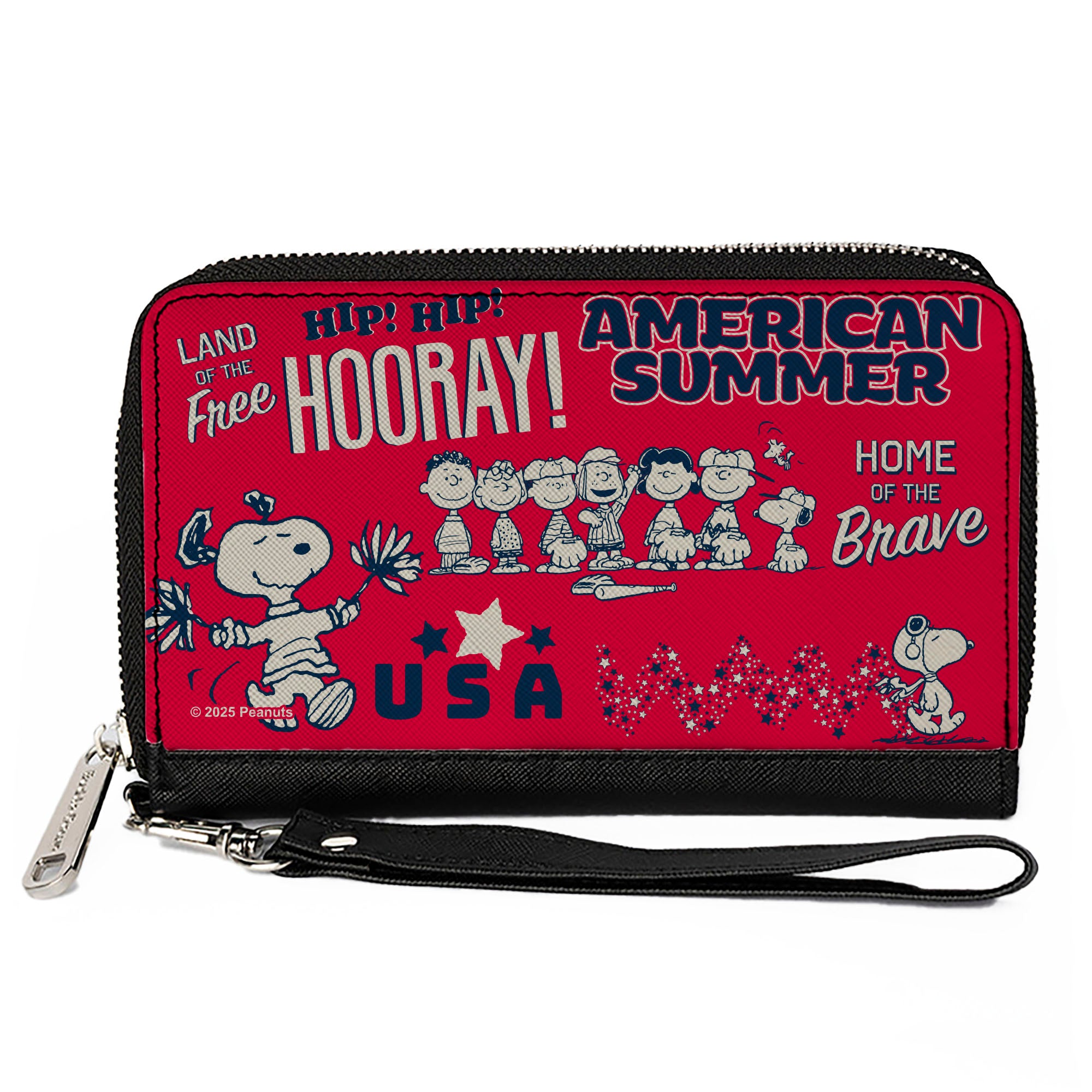 PU Zip Around Wallet Rectangle - Peanuts Gang AMERICAN SUMMER Poses Red/Blue/White Clutch Zip Around Wallets Peanuts