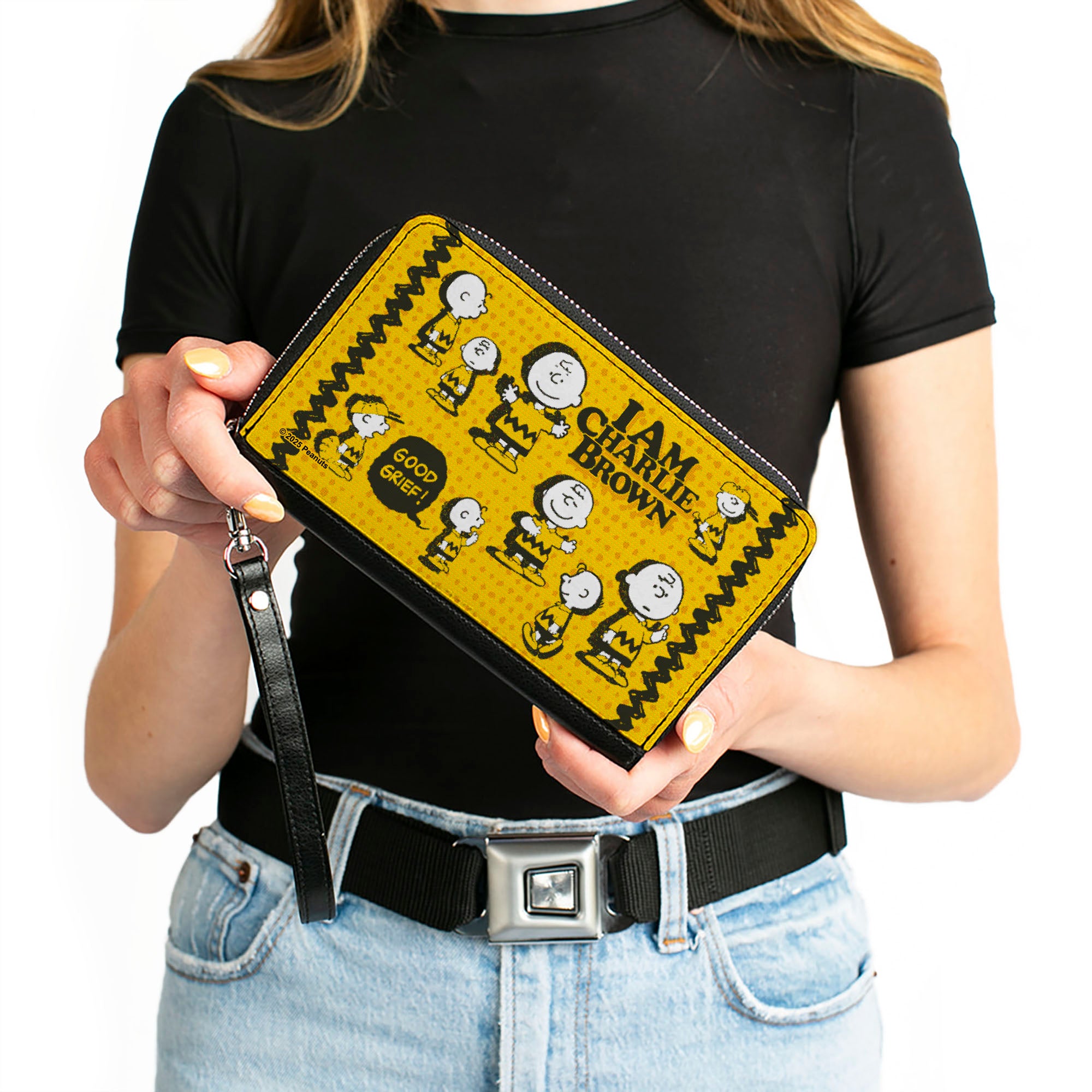 PU Zip Around Wallet Rectangle - Peanuts I AM CHARLIE BROWN Poses and Zig Zag Stripe Yellows/Black Clutch Zip Around Wallets Peanuts