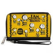 PU Zip Around Wallet Rectangle - Peanuts I AM CHARLIE BROWN Poses and Zig Zag Stripe Yellows/Black Clutch Zip Around Wallets Peanuts