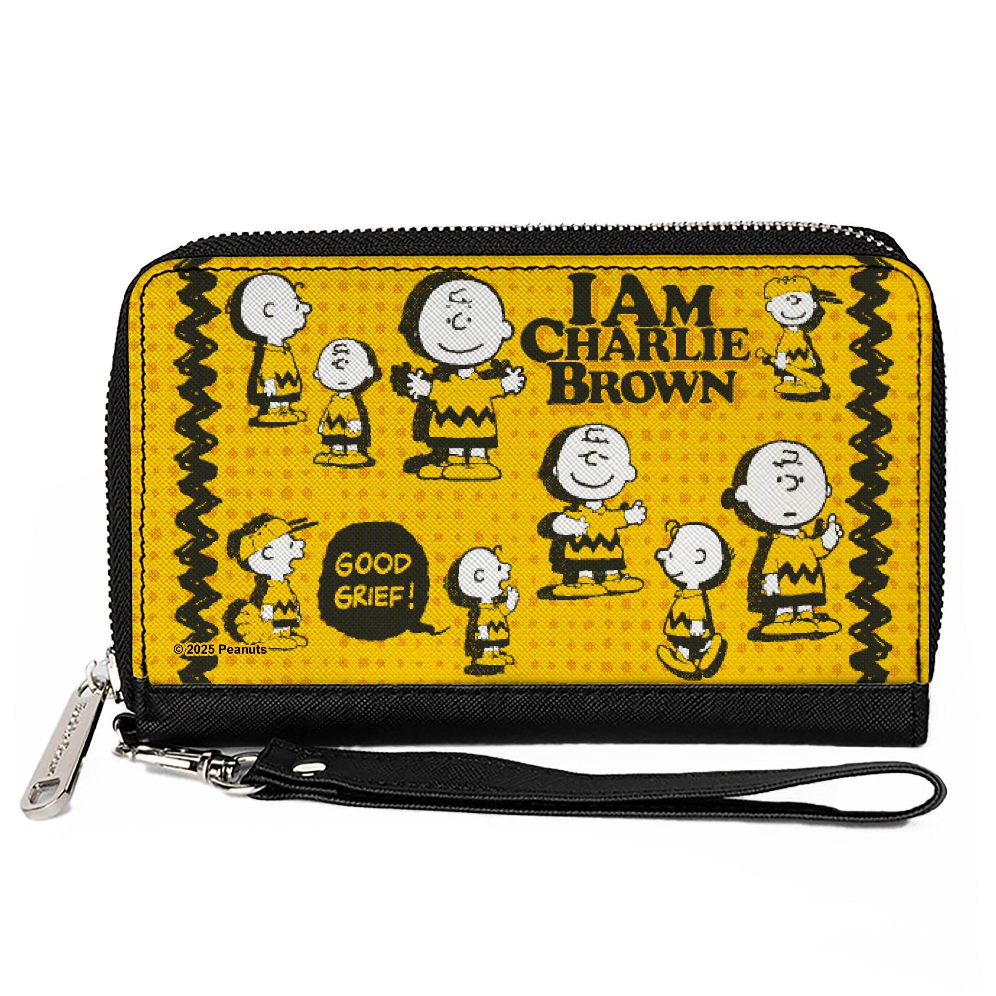 PU Zip Around Wallet Rectangle - Peanuts I AM CHARLIE BROWN Poses and Zig Zag Stripe Yellows/Black Clutch Zip Around Wallets Peanuts