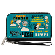 PU Zip Around Wallet Rectangle - Peanuts Gang DANCE MUSIC Poses and Quotes Blue/Multi Color Clutch Zip Around Wallets Peanuts