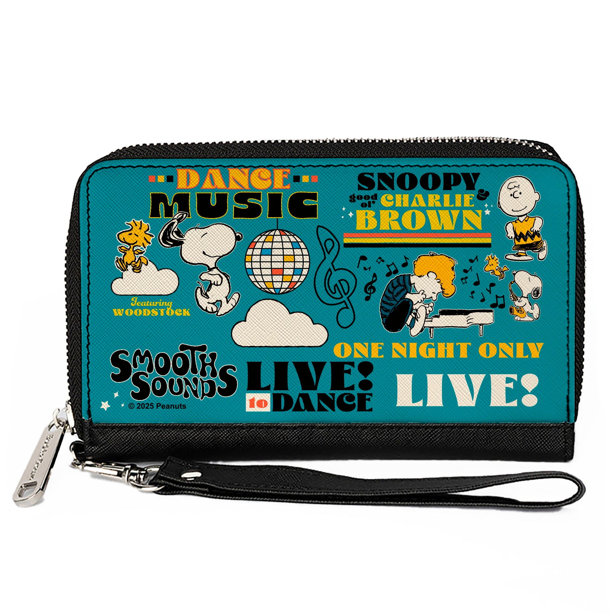PU Zip Around Wallet Rectangle - Peanuts Gang DANCE MUSIC Poses and Quotes Blue/Multi Color Clutch Zip Around Wallets Peanuts