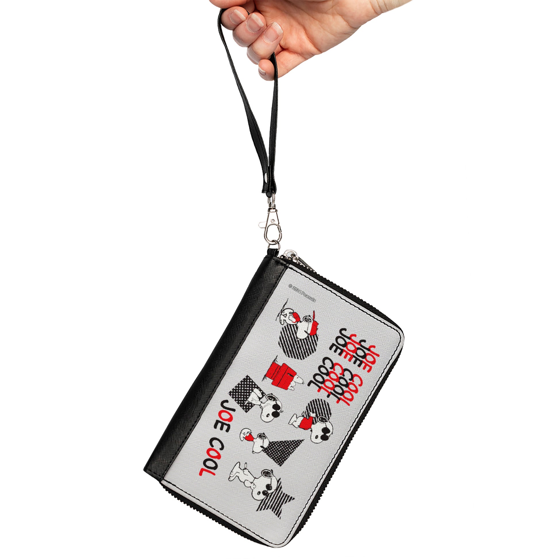 PU Zip Around Wallet Rectangle - Peanuts JOE COOL Snoopy Poses and Text Gray/Black/Red/White Clutch Zip Around Wallets Peanuts