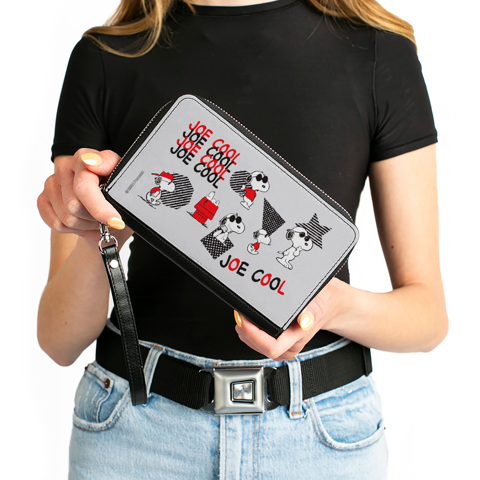 PU Zip Around Wallet Rectangle - Peanuts JOE COOL Snoopy Poses and Text Gray/Black/Red/White Clutch Zip Around Wallets Peanuts