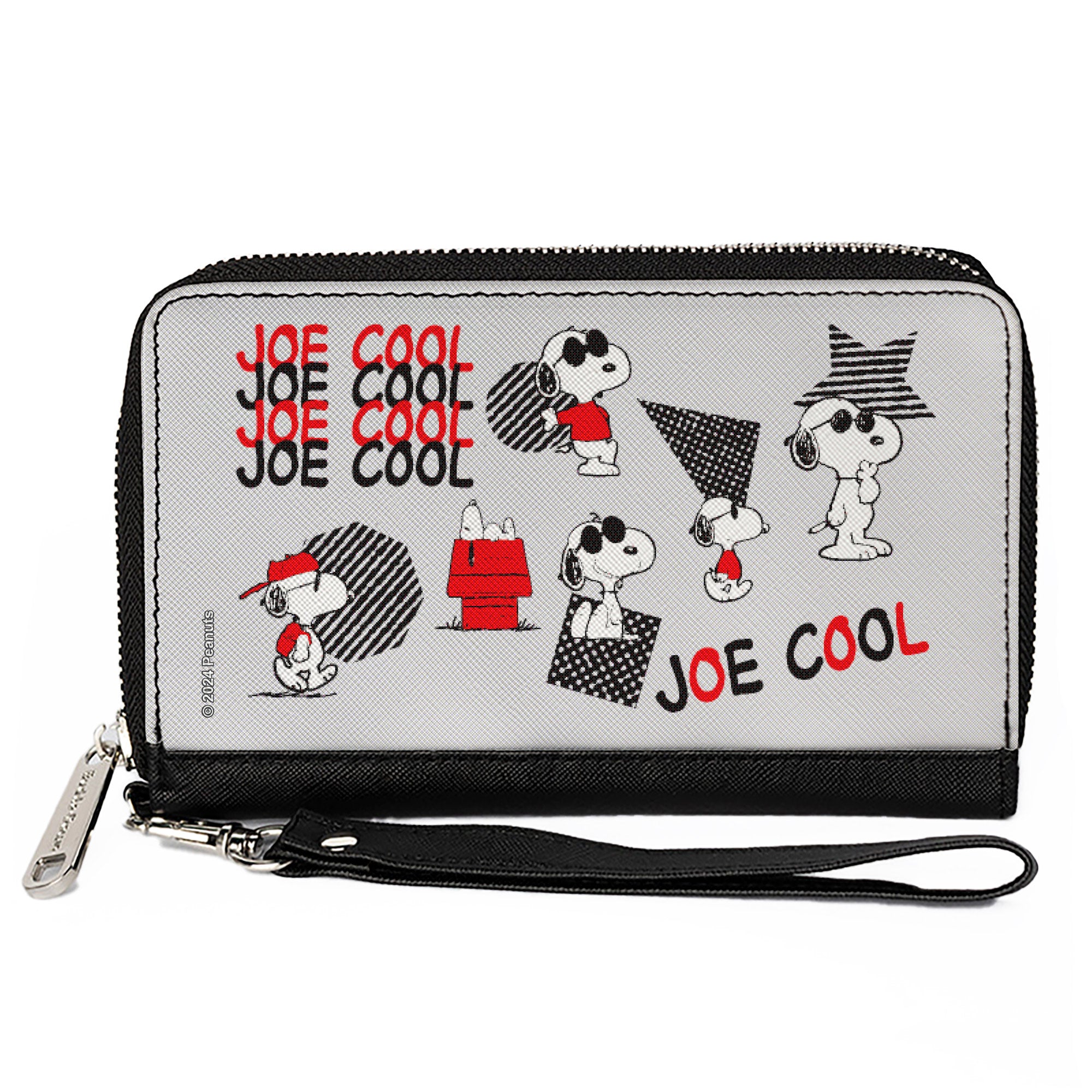 PU Zip Around Wallet Rectangle - Peanuts JOE COOL Snoopy Poses and Text Gray/Black/Red/White Clutch Zip Around Wallets Peanuts