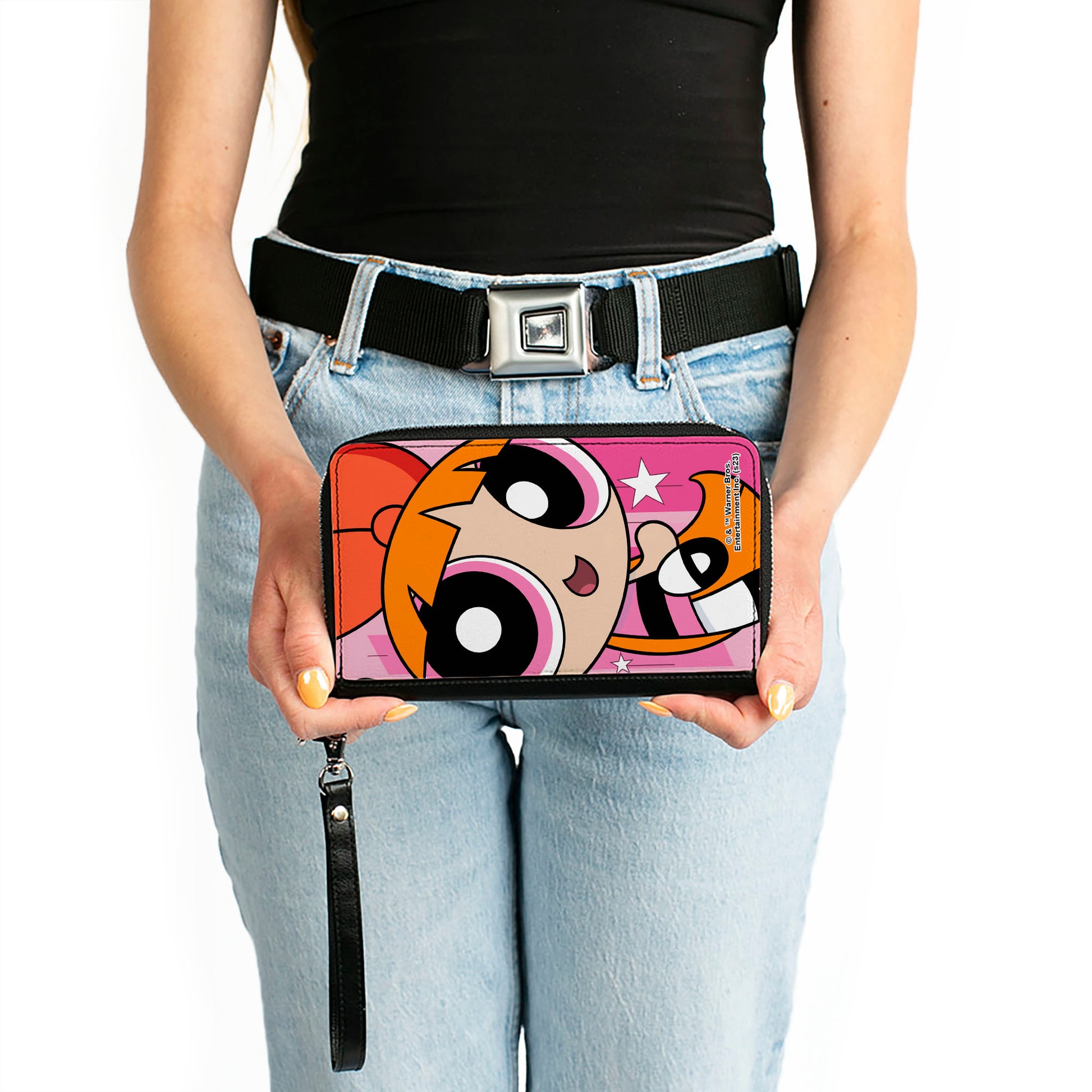 PU Zip Around Wallet Rectangle - The Powerpuff Girls Blossom Close-Up Pose Pinks Clutch Zip Around Wallets Powerpuff Girls