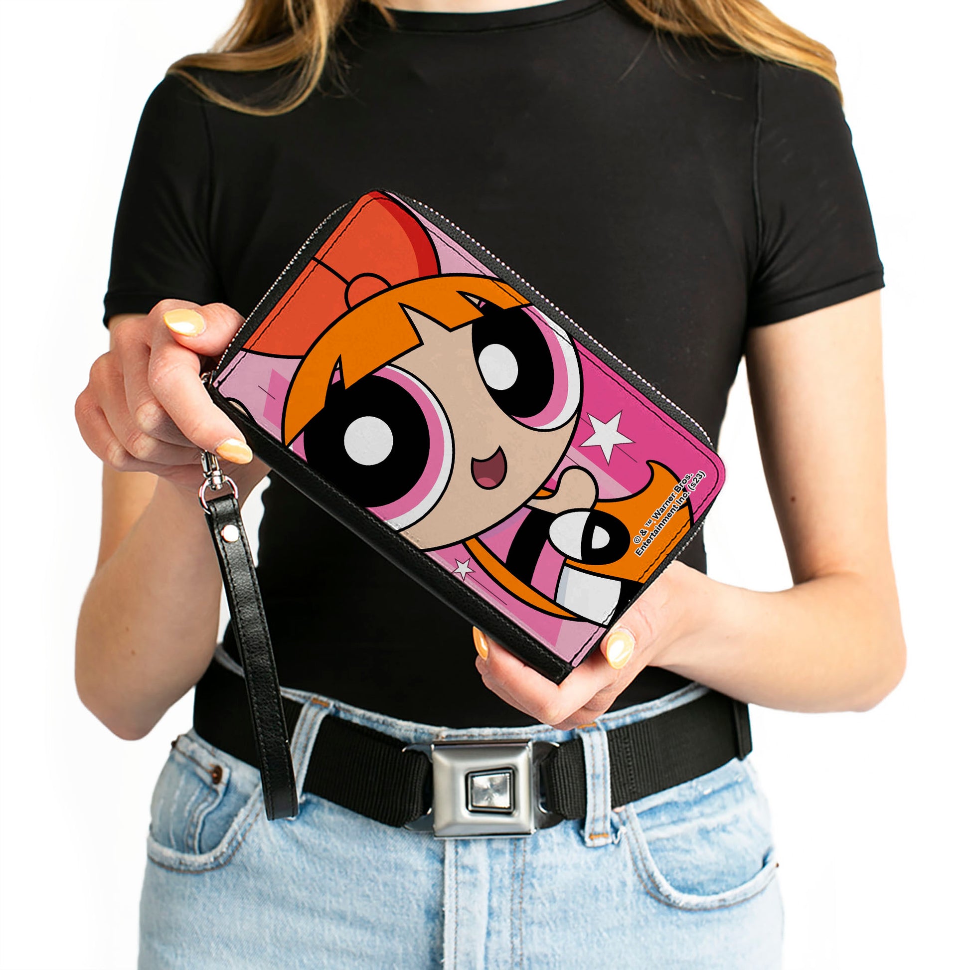 PU Zip Around Wallet Rectangle - The Powerpuff Girls Blossom Close-Up Pose Pinks Clutch Zip Around Wallets Powerpuff Girls