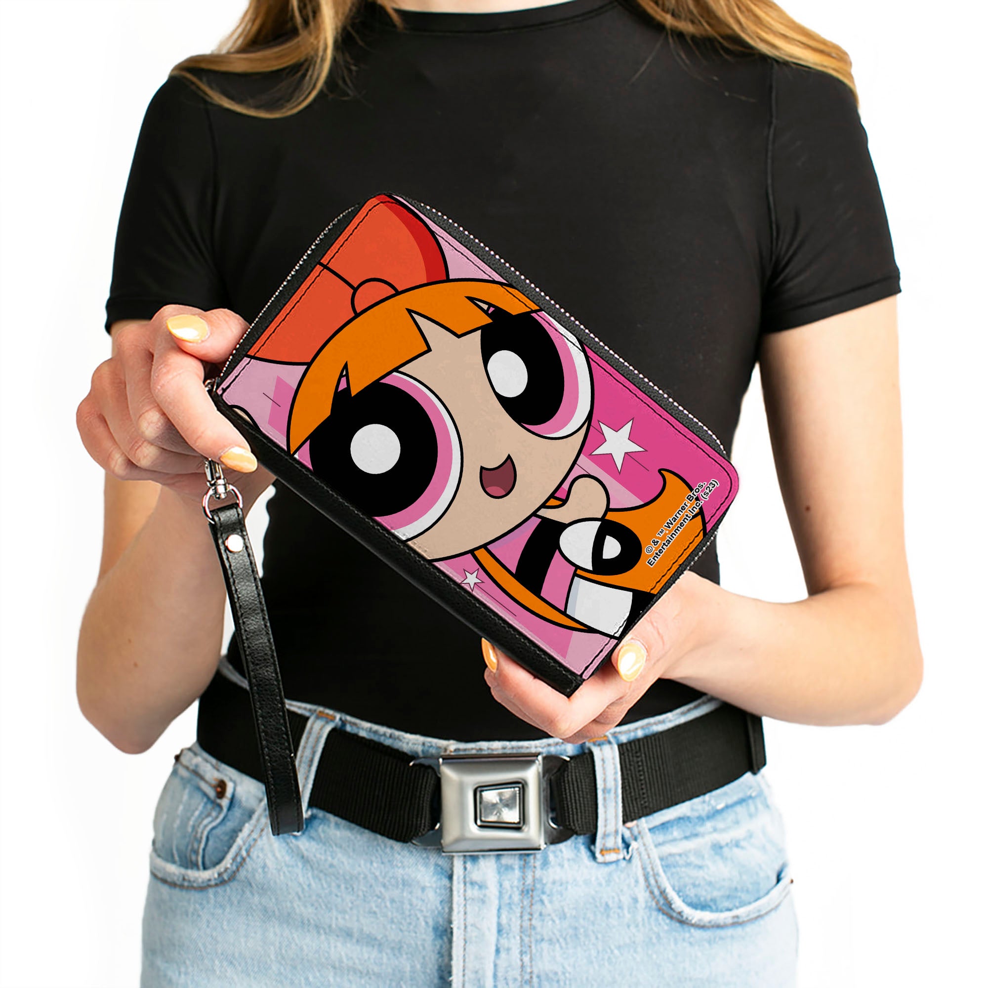 PU Zip Around Wallet Rectangle - The Powerpuff Girls Blossom Close-Up Pose Pinks Clutch Zip Around Wallets Powerpuff Girls