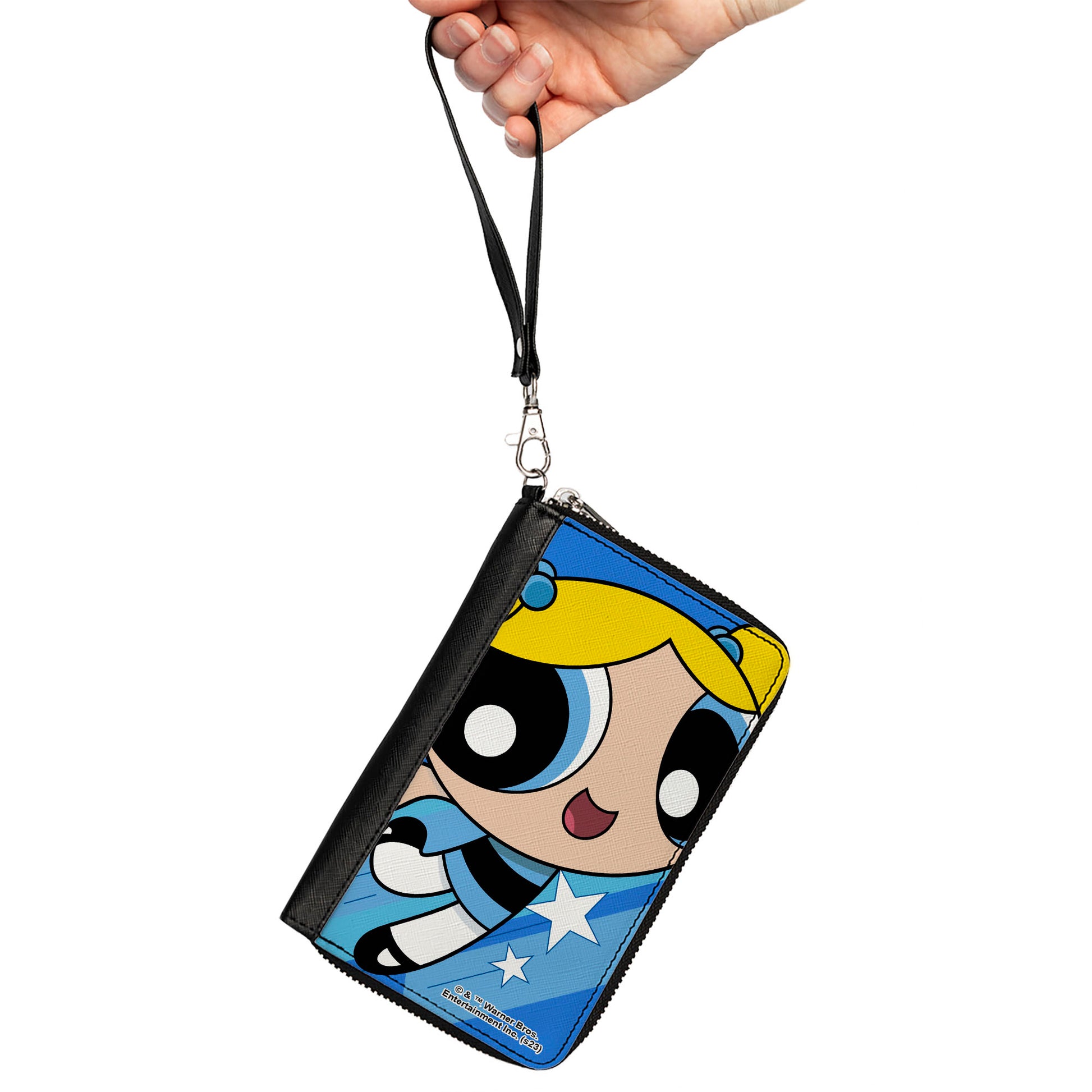 PU Zip Around Wallet Rectangle - The Powerpuff Girls Bubbles Close-Up Pose Blues Clutch Zip Around Wallets Powerpuff Girls
