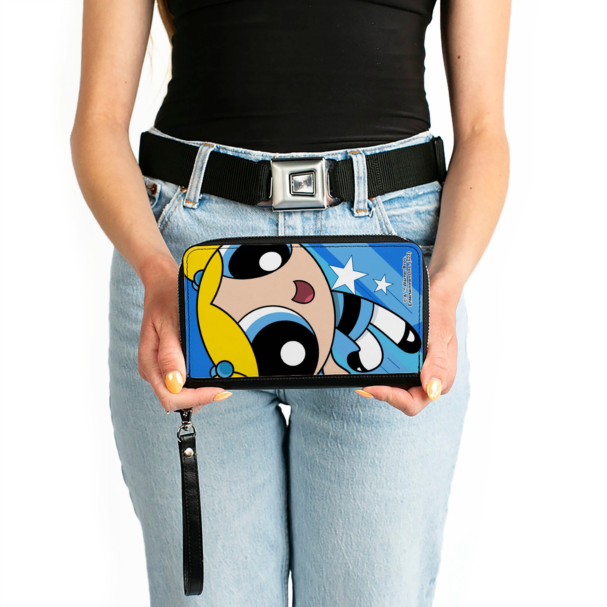 PU Zip Around Wallet Rectangle - The Powerpuff Girls Bubbles Close-Up Pose Blues Clutch Zip Around Wallets Powerpuff Girls