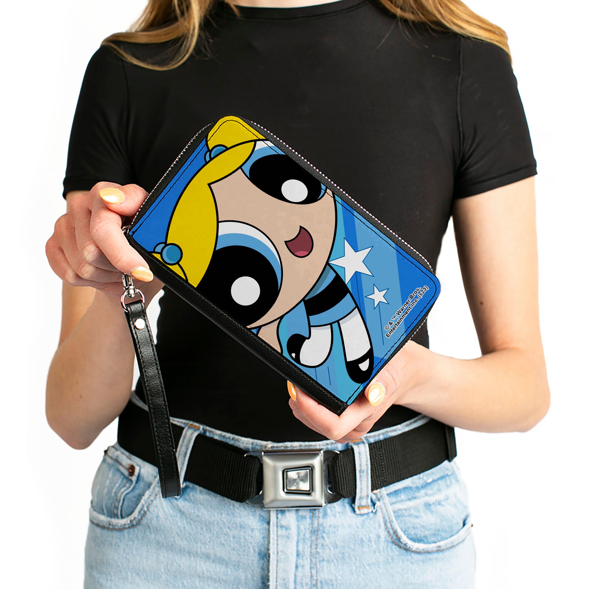 PU Zip Around Wallet Rectangle - The Powerpuff Girls Bubbles Close-Up Pose Blues Clutch Zip Around Wallets Powerpuff Girls