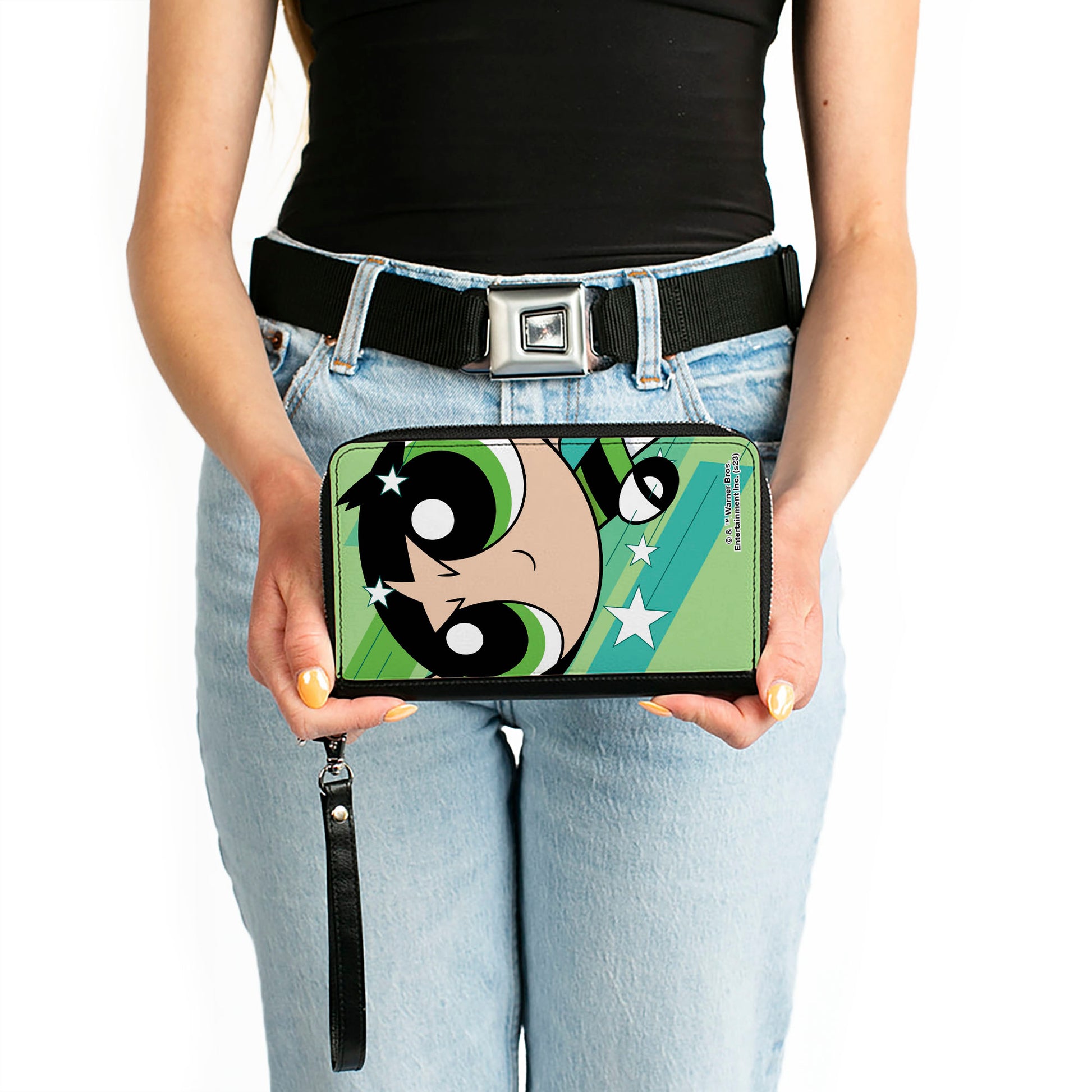 PU Zip Around Wallet Rectangle - The Powerpuff Girls Buttercup Close-Up Pose Greens Clutch Zip Around Wallets Powerpuff Girls