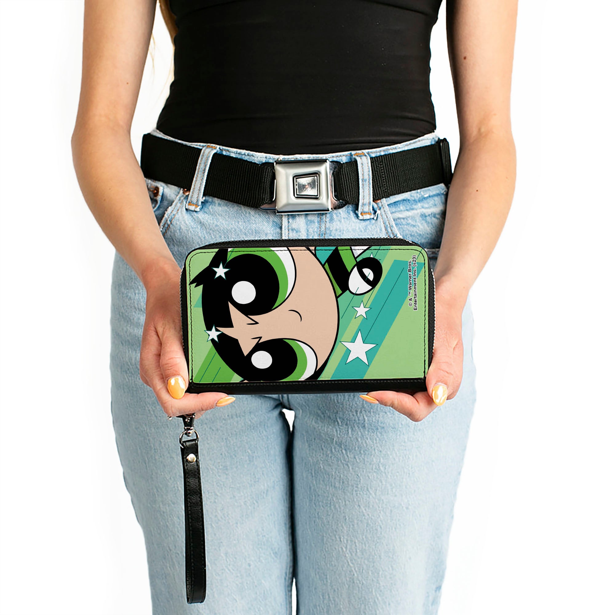 PU Zip Around Wallet Rectangle - The Powerpuff Girls Buttercup Close-Up Pose Greens Clutch Zip Around Wallets Powerpuff Girls