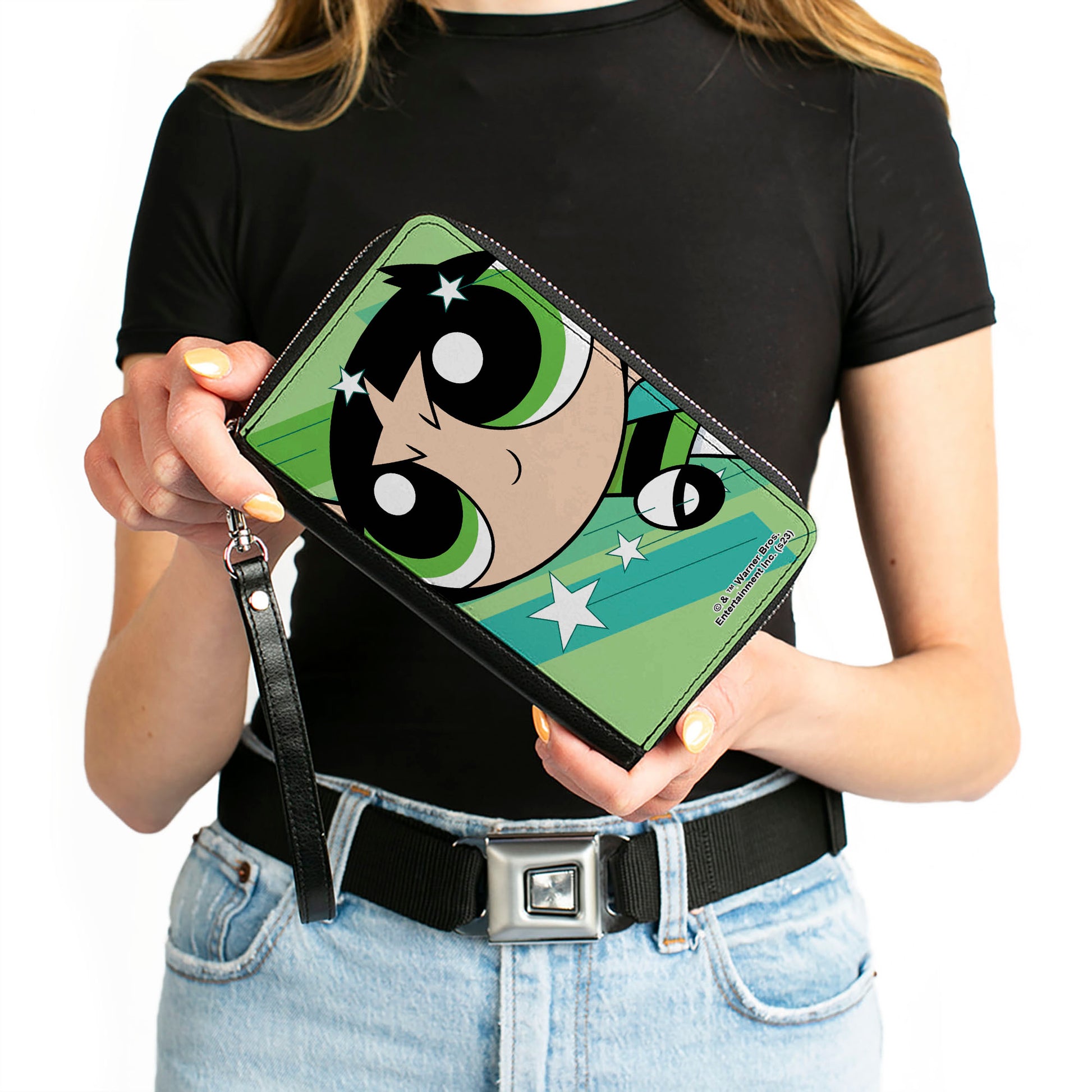 PU Zip Around Wallet Rectangle - The Powerpuff Girls Buttercup Close-Up Pose Greens Clutch Zip Around Wallets Powerpuff Girls