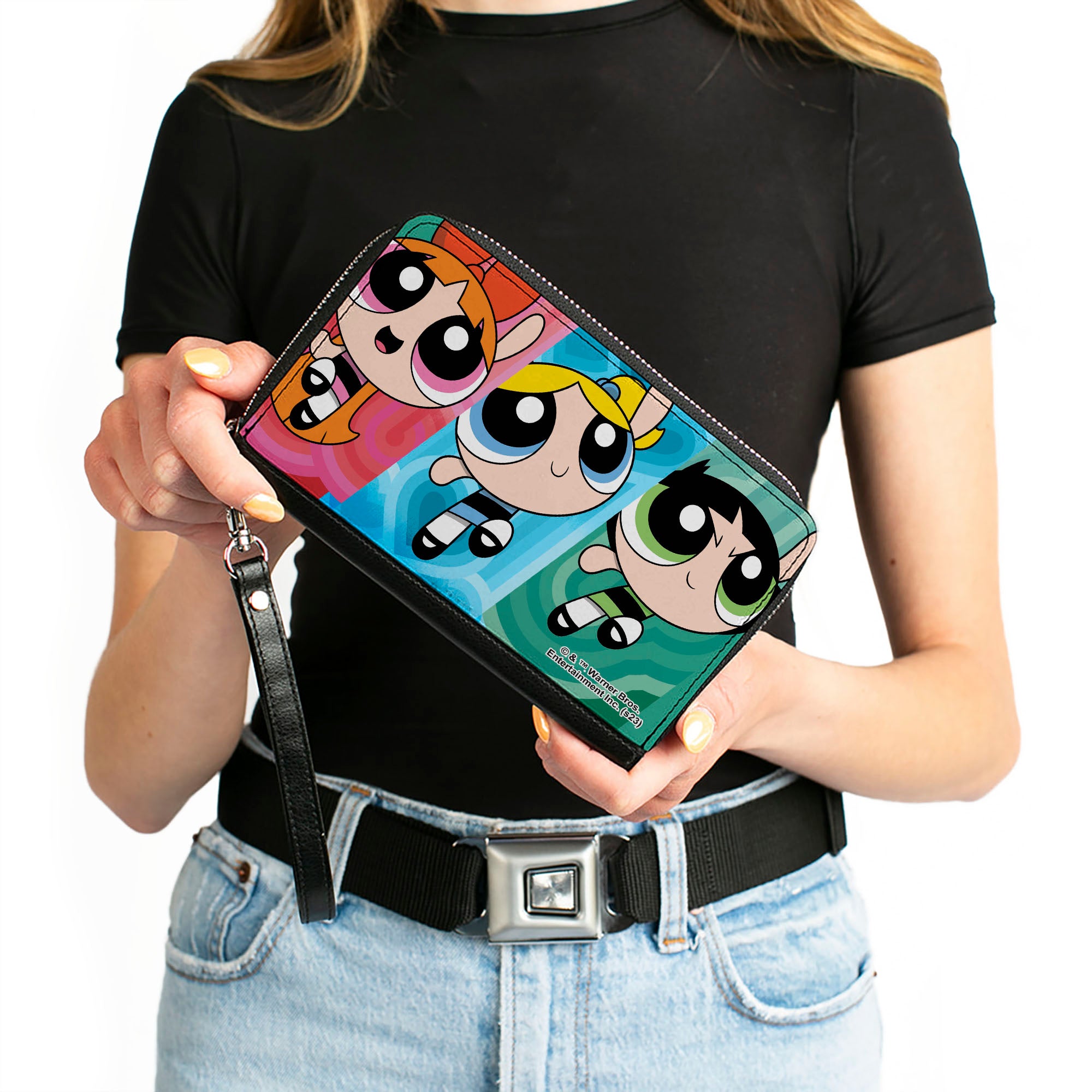 PU Zip Around Wallet Rectangle - The Powerpuff Girls Action Pose Blocks Multi Color Clutch Zip Around Wallets Powerpuff Girls