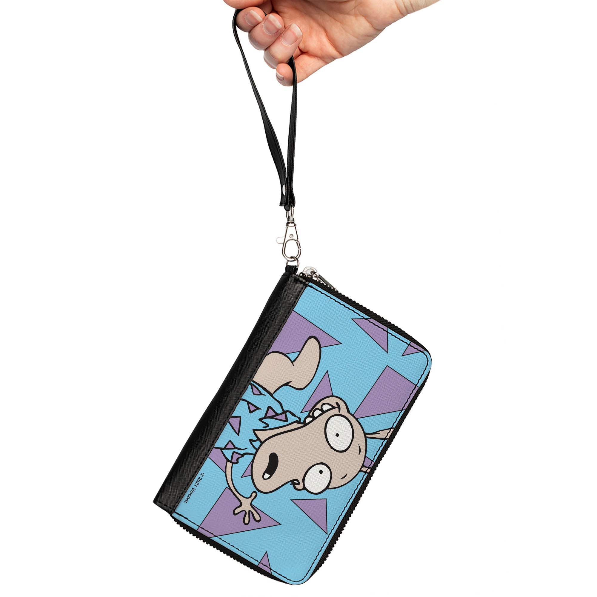 PU Zip Around Wallet Rectangle - Rocko's Modern Life Rocko Waving Pose Triangles Blue Purple Clutch Zip Around Wallets Ren and Stimpy