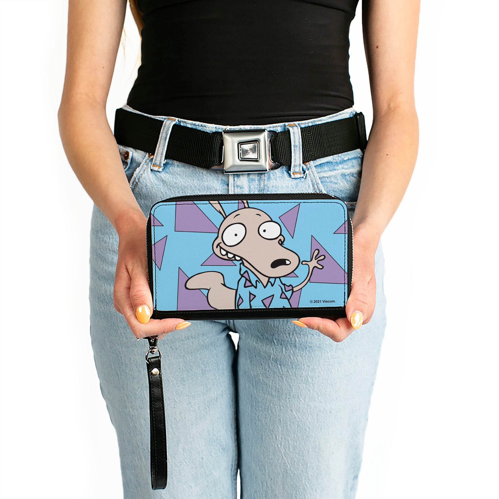 PU Zip Around Wallet Rectangle - Rocko's Modern Life Rocko Waving Pose Triangles Blue Purple Clutch Zip Around Wallets Ren and Stimpy
