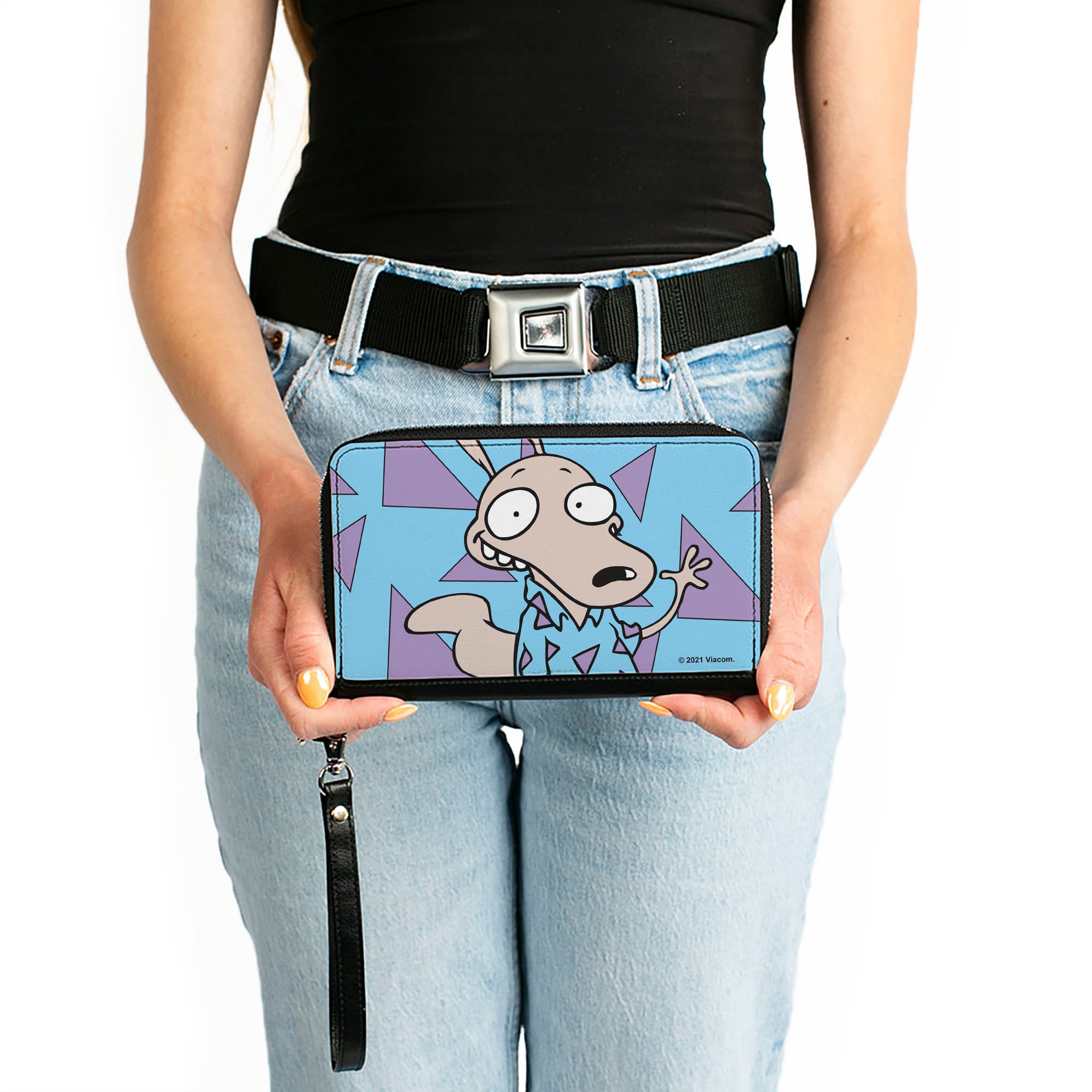 PU Zip Around Wallet Rectangle - Rocko's Modern Life Rocko Waving Pose Triangles Blue Purple Clutch Zip Around Wallets Ren and Stimpy