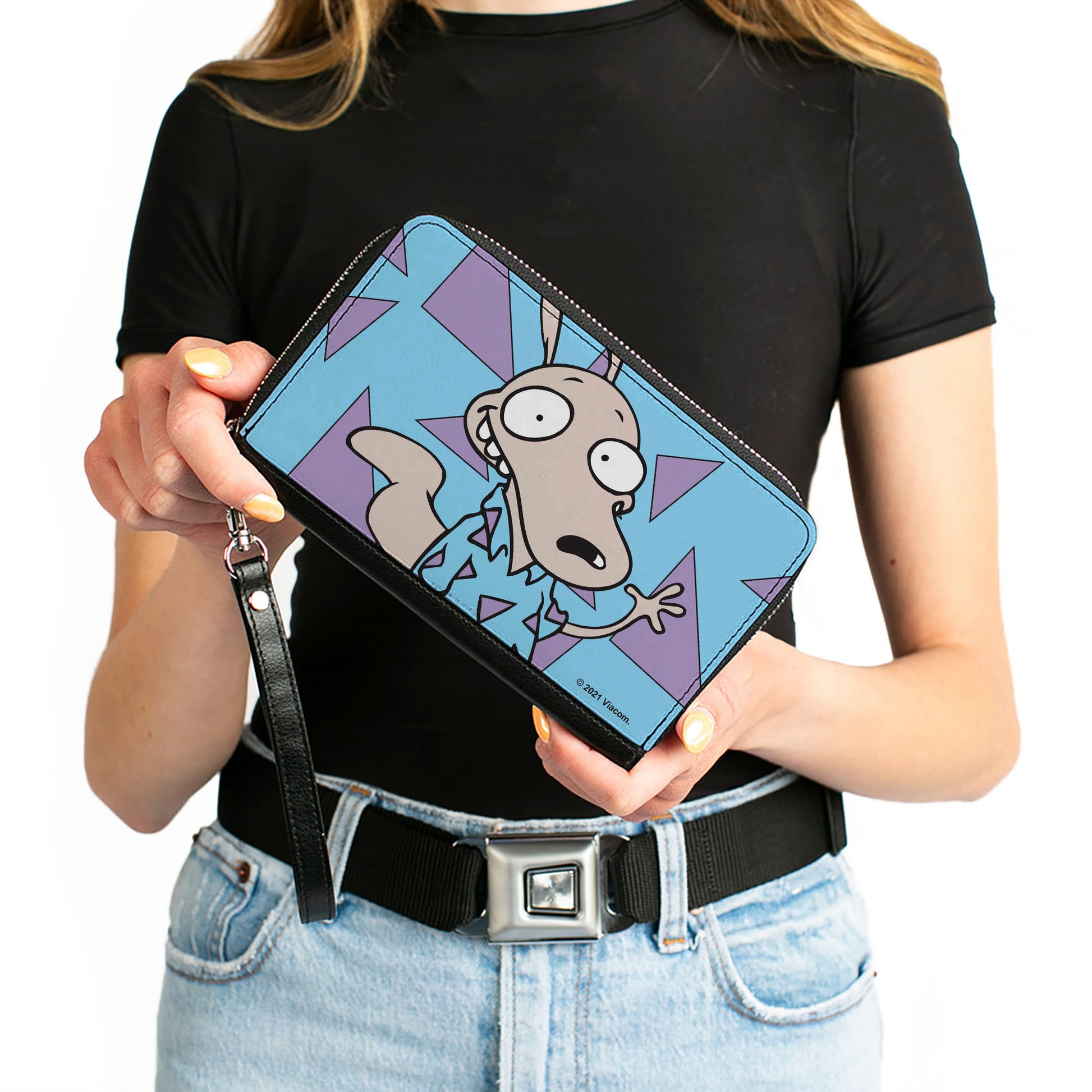 PU Zip Around Wallet Rectangle - Rocko's Modern Life Rocko Waving Pose Triangles Blue Purple Clutch Zip Around Wallets Ren and Stimpy