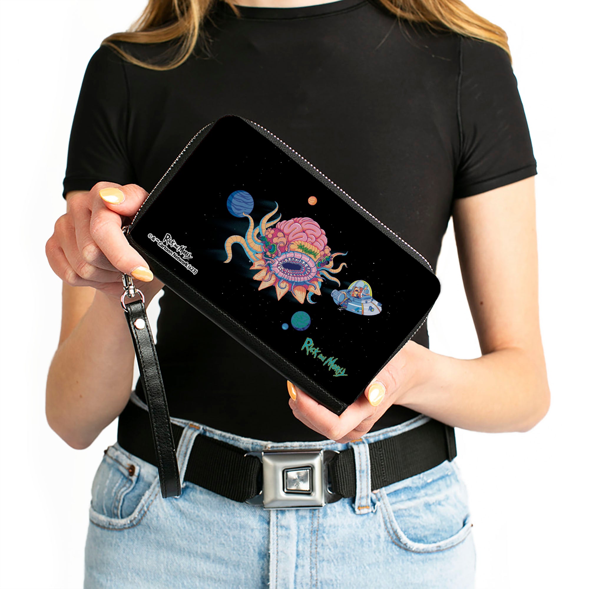 PU Zip Around Wallet Rectangle - RICK AND MORTY Space Cruiser Escape Scene Clutch Zip Around Wallets Rick and Morty   