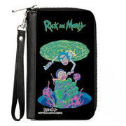 PU Zip Around Wallet Rectangle - RICK AND MORTY Portal Battle Scene Black Clutch Zip Around Wallets Rick and Morty   