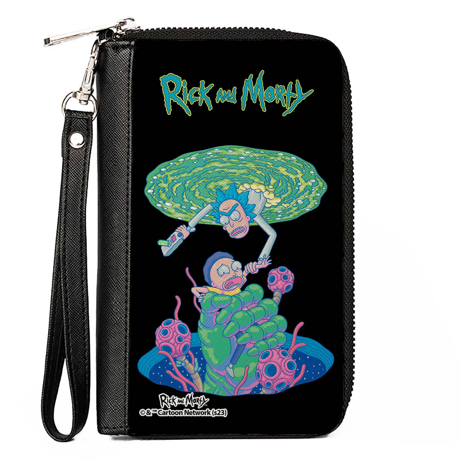 PU Zip Around Wallet Rectangle - RICK AND MORTY Portal Battle Scene Black Clutch Zip Around Wallets Rick and Morty   