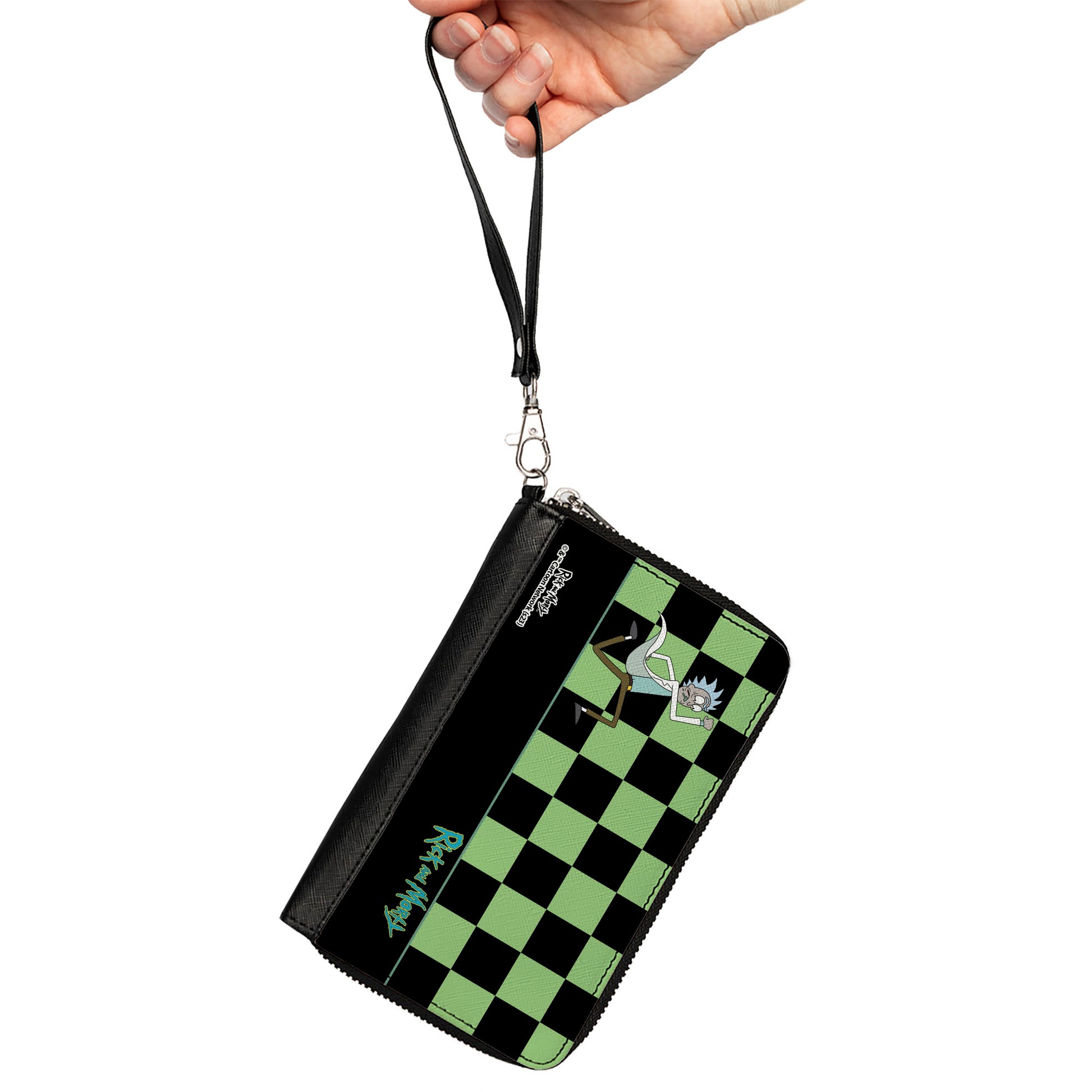 PU Zip Around Wallet Rectangle - RICK AND MORTY Rick Running Pose Checker Black/Green Clutch Zip Around Wallets Rick and Morty   