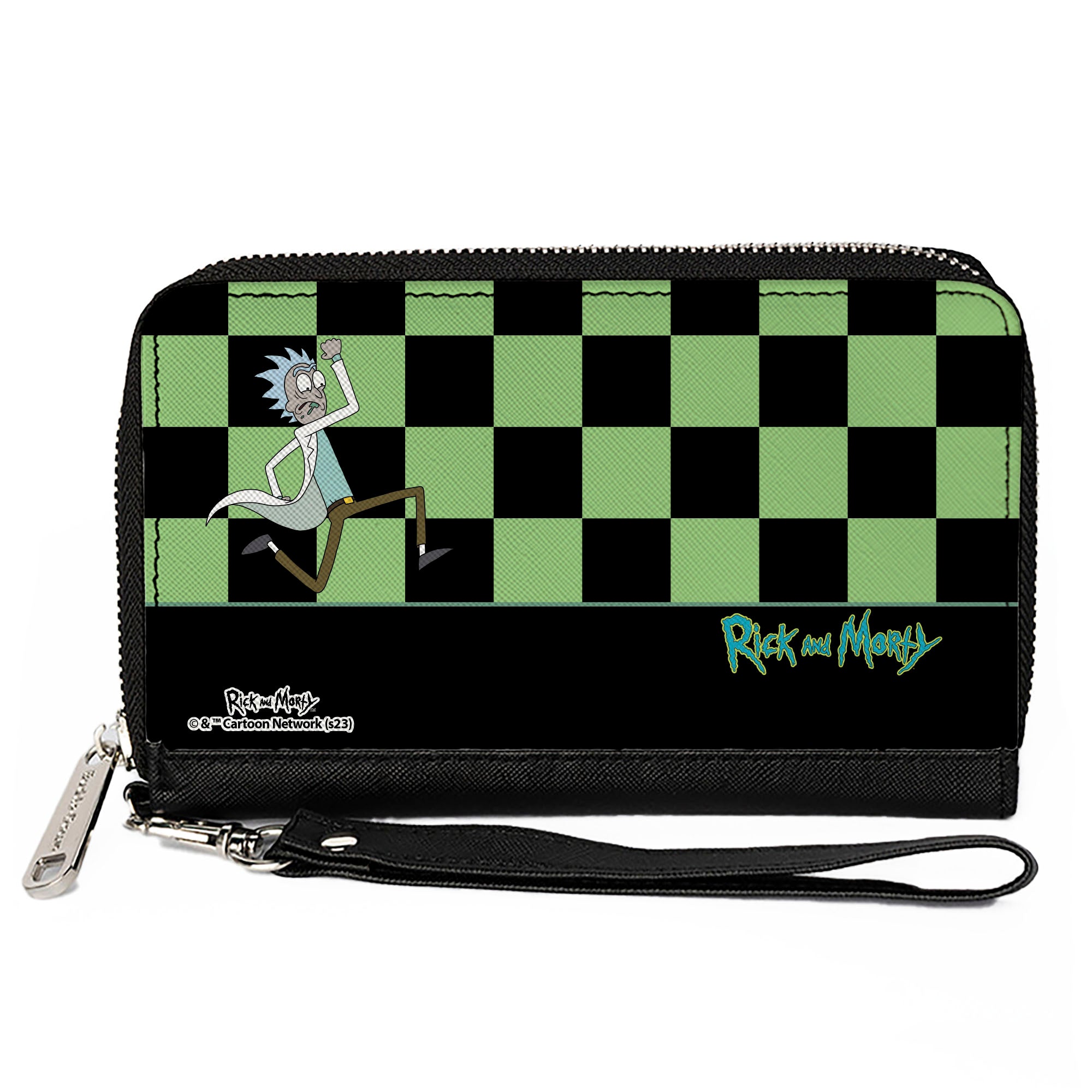 PU Zip Around Wallet Rectangle - RICK AND MORTY Rick Running Pose Checker Black/Green Clutch Zip Around Wallets Rick and Morty   