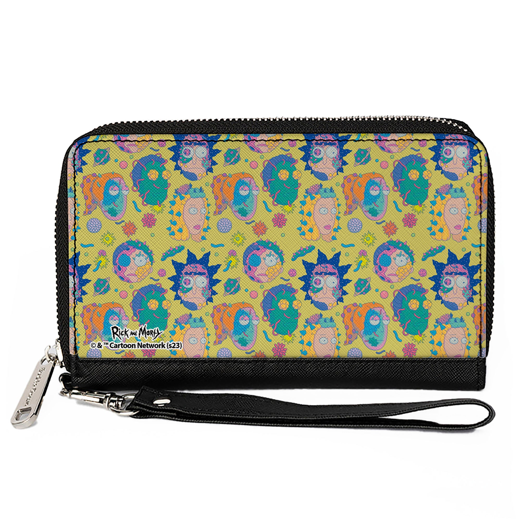 PU Zip Around Wallet Rectangle - Rick and Morty Smith Family Faces and Cells Collage Yellow Clutch Zip Around Wallets Rick and Morty   