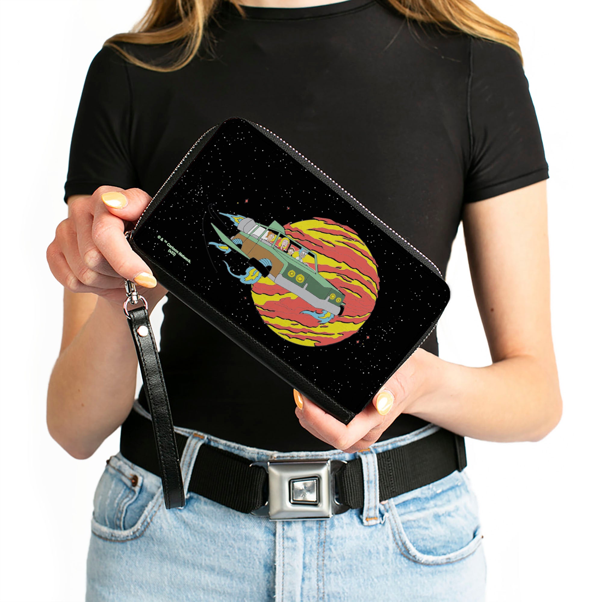 PU Zip Around Wallet Rectangle - Rick and Morty Smith Family Flying Car and Planet Pose Galaxy Black Clutch Zip Around Wallets Rick and Morty   