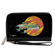 PU Zip Around Wallet Rectangle - Rick and Morty Smith Family Flying Car and Planet Pose Galaxy Black Clutch Zip Around Wallets Rick and Morty   