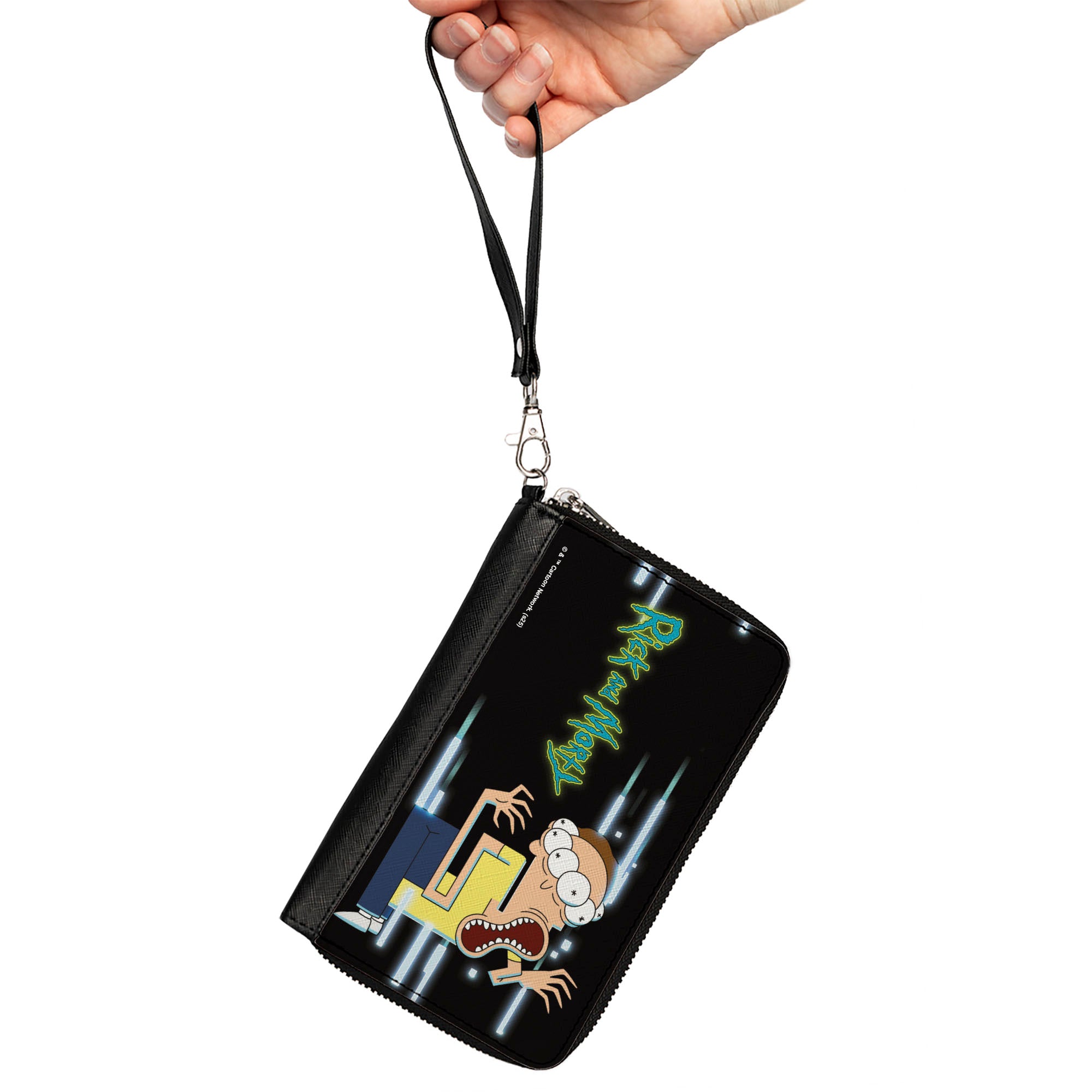 PU Zip Around Wallet Rectangle - Morty Full Body Glitch Pose and Title Logo Black Clutch Zip Around Wallets Rick and Morty