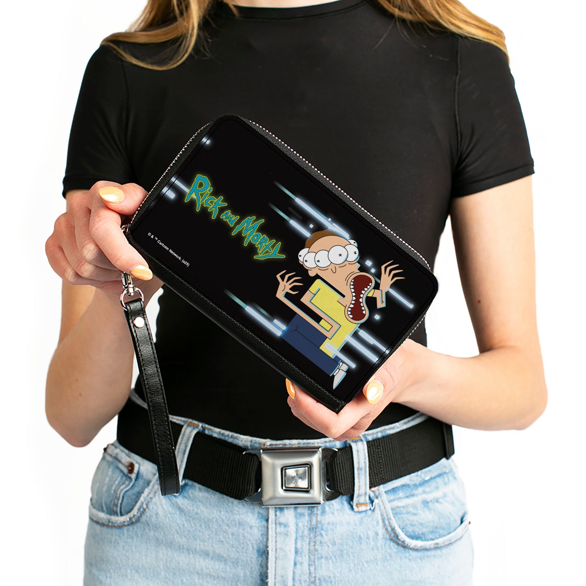 PU Zip Around Wallet Rectangle - Morty Full Body Glitch Pose and Title Logo Black Clutch Zip Around Wallets Rick and Morty