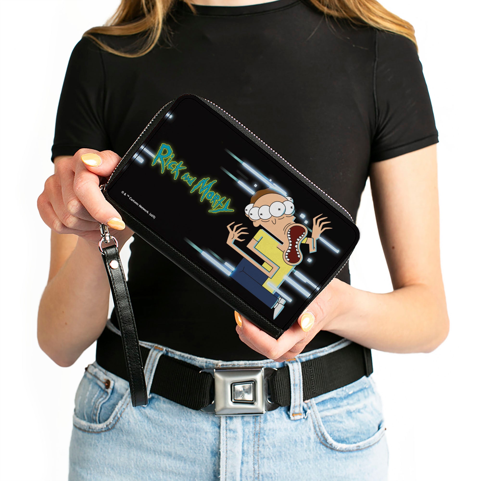 PU Zip Around Wallet Rectangle - Morty Full Body Glitch Pose and Title Logo Black Clutch Zip Around Wallets Rick and Morty