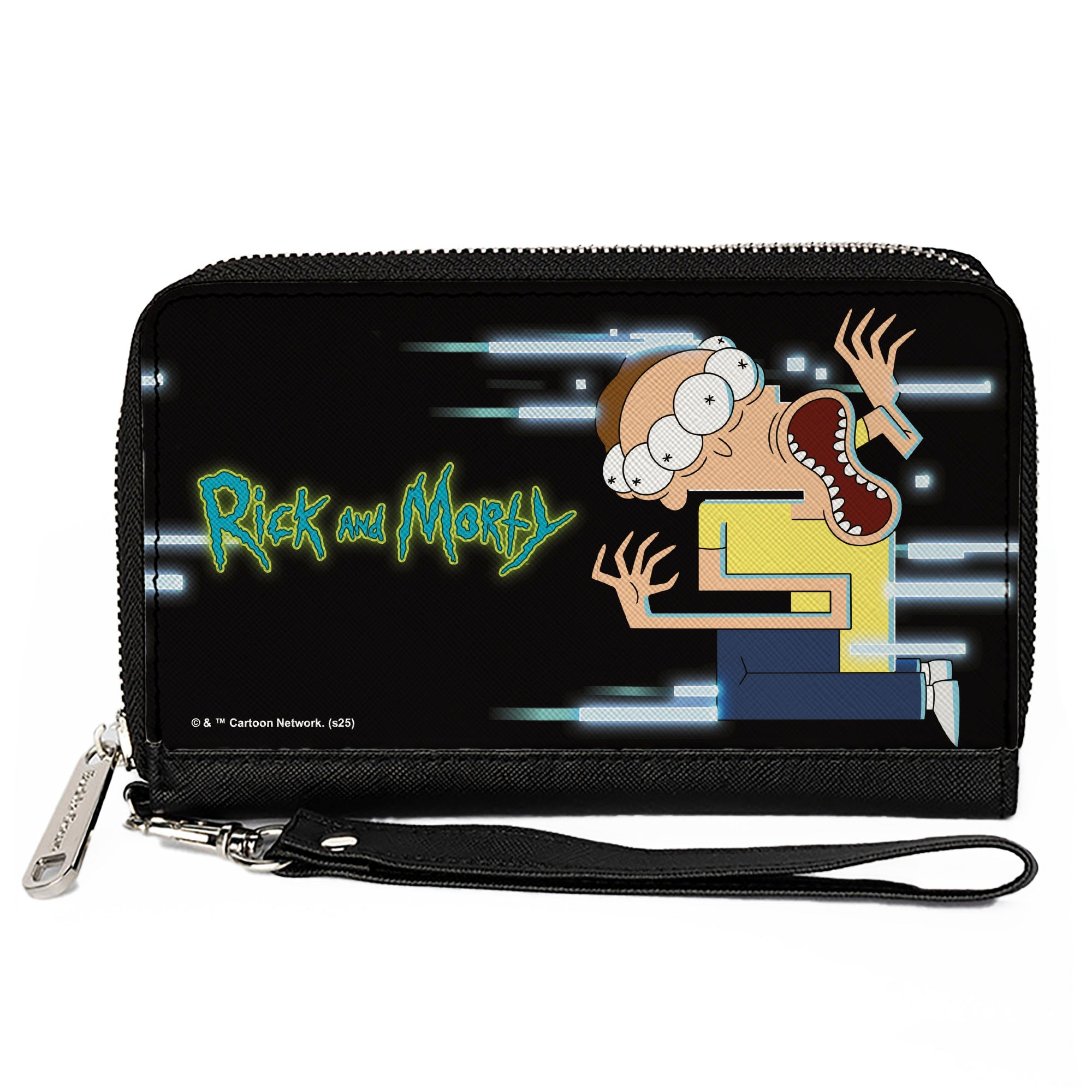 PU Zip Around Wallet Rectangle - Morty Full Body Glitch Pose and Title Logo Black Clutch Zip Around Wallets Rick and Morty