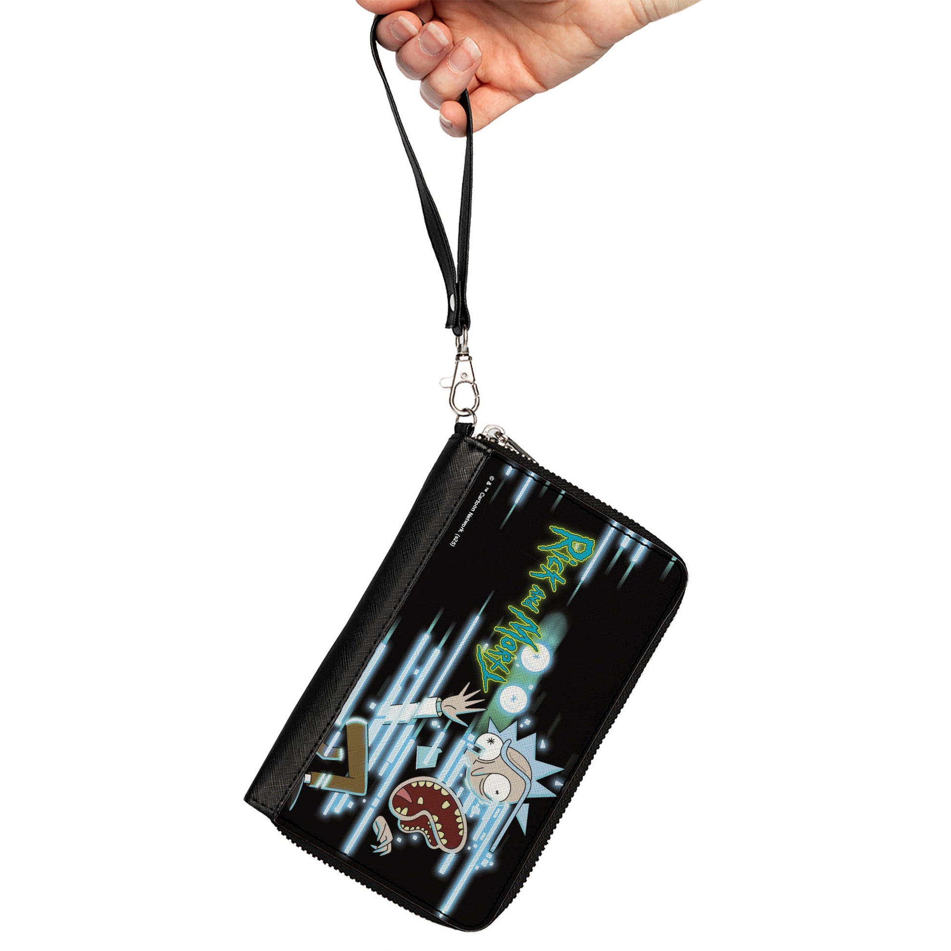 PU Zip Around Wallet Rectangle - Rick Face Glitch Pose and Title Logo Black/Blues Clutch Zip Around Wallets Rick and Morty