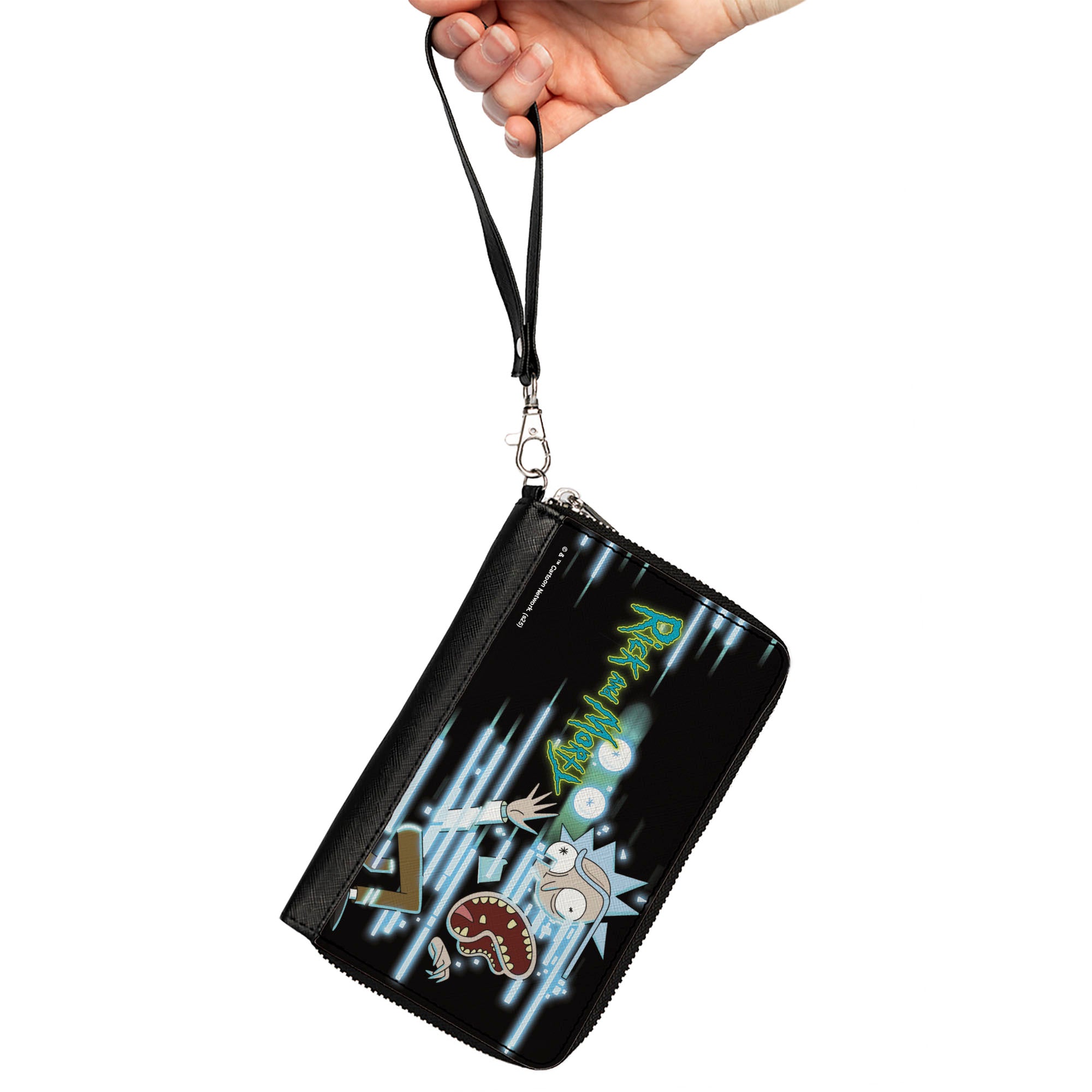 PU Zip Around Wallet Rectangle - Rick Face Glitch Pose and Title Logo Black/Blues Clutch Zip Around Wallets Rick and Morty