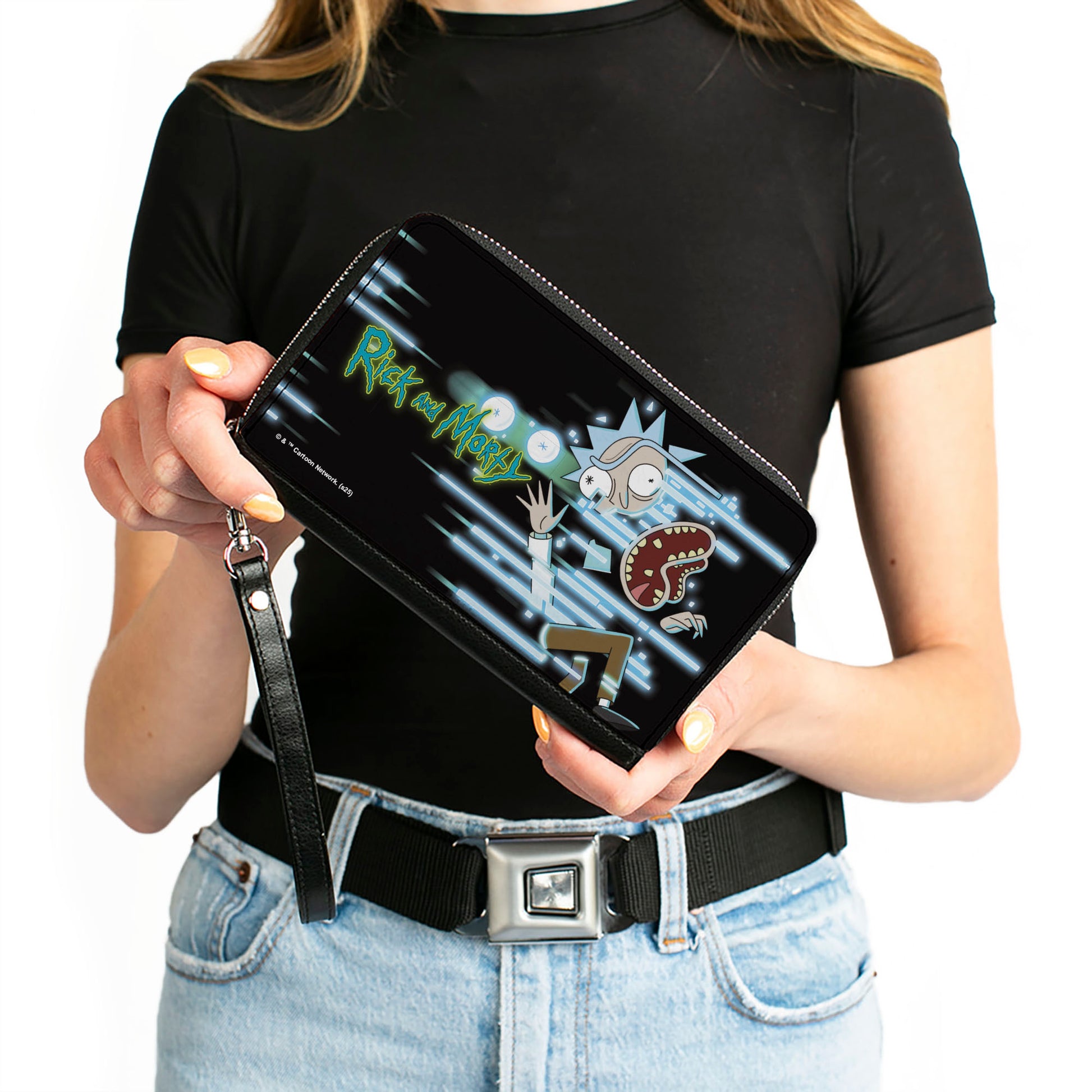 PU Zip Around Wallet Rectangle - Rick Face Glitch Pose and Title Logo Black/Blues Clutch Zip Around Wallets Rick and Morty