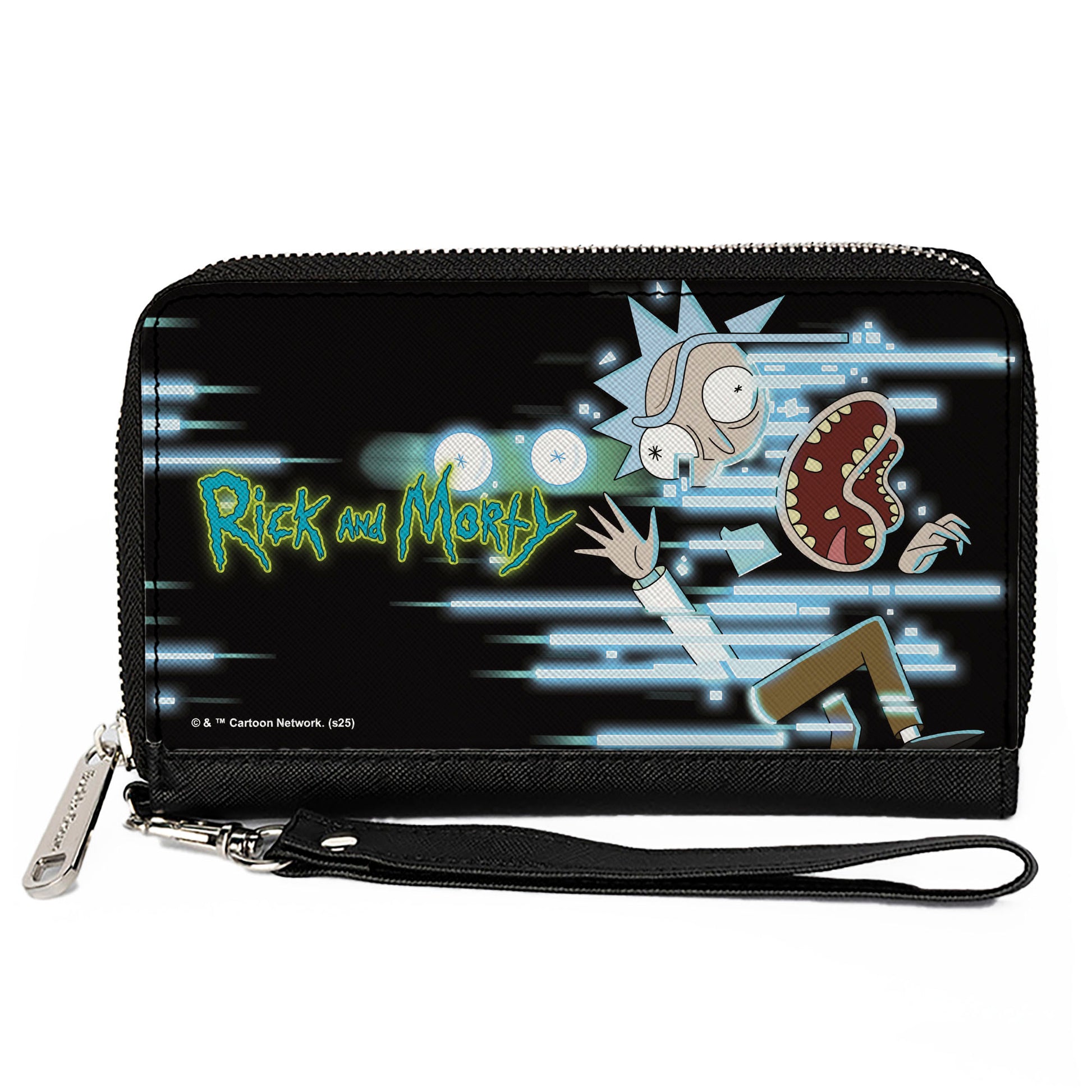 PU Zip Around Wallet Rectangle - Rick Face Glitch Pose and Title Logo Black/Blues Clutch Zip Around Wallets Rick and Morty