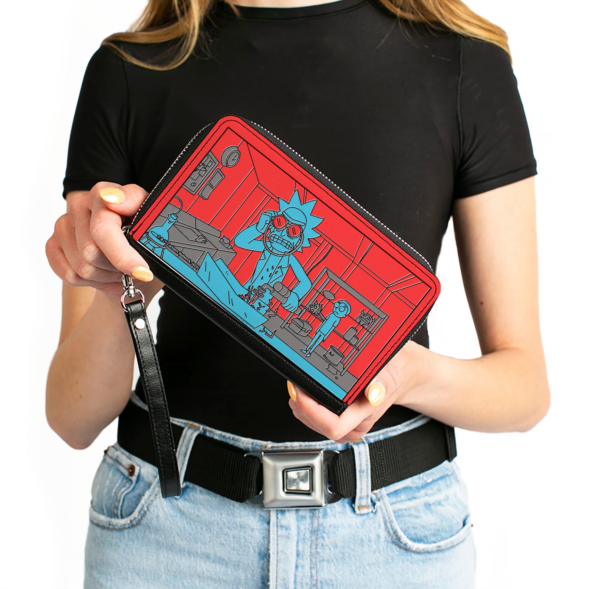 PU Zip Around Wallet Rectangle - Rick and Morty Welding Lab Scene Red/Blue/Gray Clutch Zip Around Wallets Rick and Morty