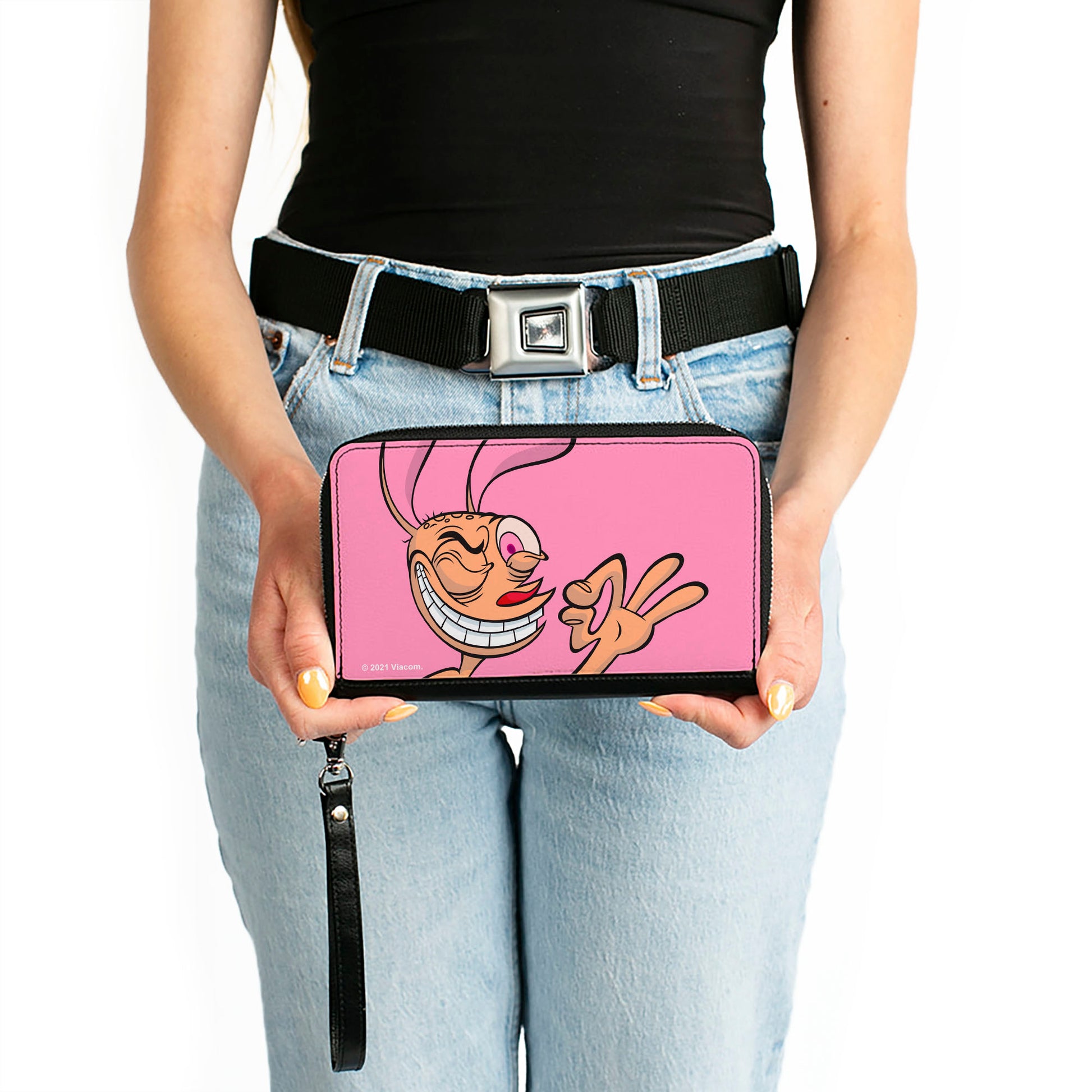 PU Zip Around Wallet Rectangle - The Ren & Stimpy Show Ren Winking Pose CLOSE-UP Pink Clutch Zip Around Wallets Ren and Stimpy