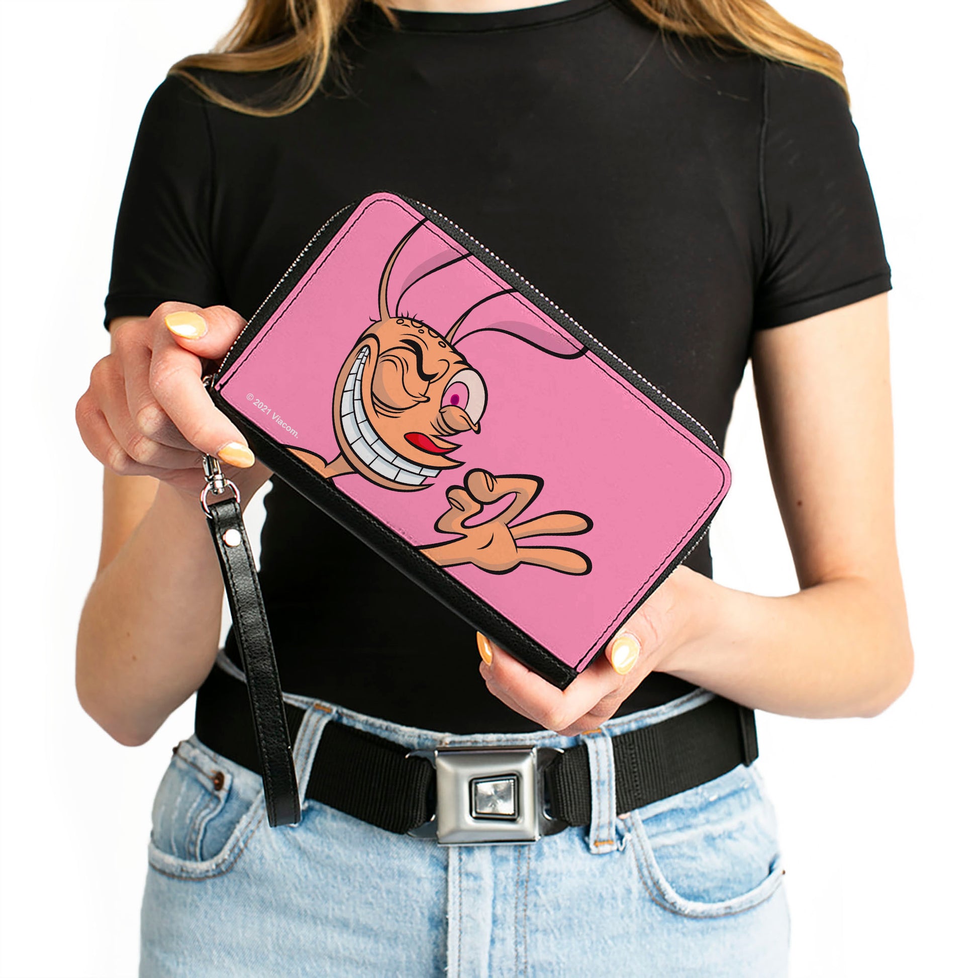 PU Zip Around Wallet Rectangle - The Ren & Stimpy Show Ren Winking Pose CLOSE-UP Pink Clutch Zip Around Wallets Ren and Stimpy