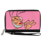 PU Zip Around Wallet Rectangle - The Ren & Stimpy Show Ren Winking Pose CLOSE-UP Pink Clutch Zip Around Wallets Ren and Stimpy