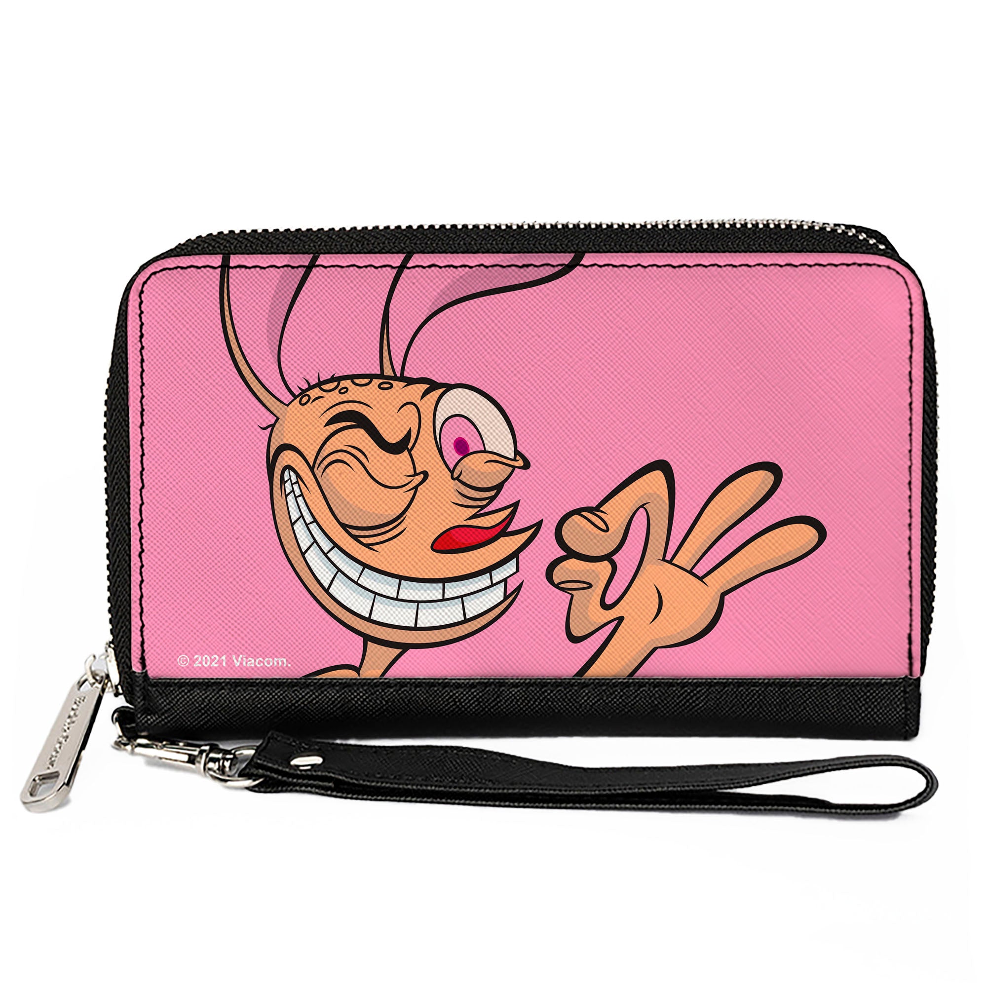 PU Zip Around Wallet Rectangle - The Ren & Stimpy Show Ren Winking Pose CLOSE-UP Pink Clutch Zip Around Wallets Ren and Stimpy