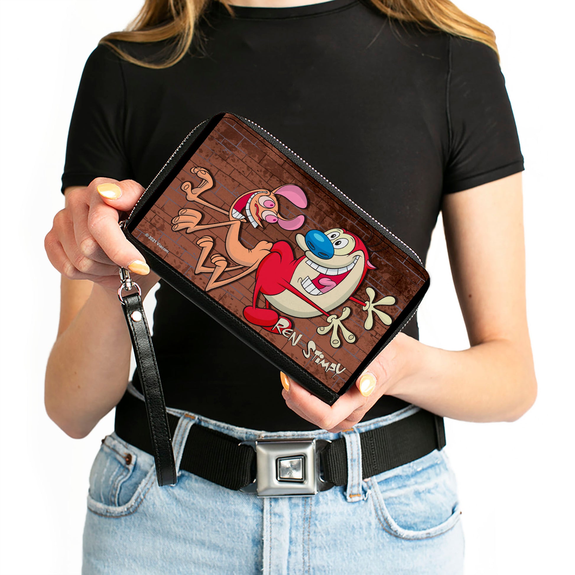PU Zip Around Wallet Rectangle - The Ren & Stimpy Show Booty Bump Pose Brick Wall Browns Clutch Zip Around Wallets Ren and Stimpy