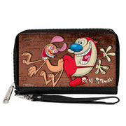 PU Zip Around Wallet Rectangle - The Ren & Stimpy Show Booty Bump Pose Brick Wall Browns Clutch Zip Around Wallets Ren and Stimpy