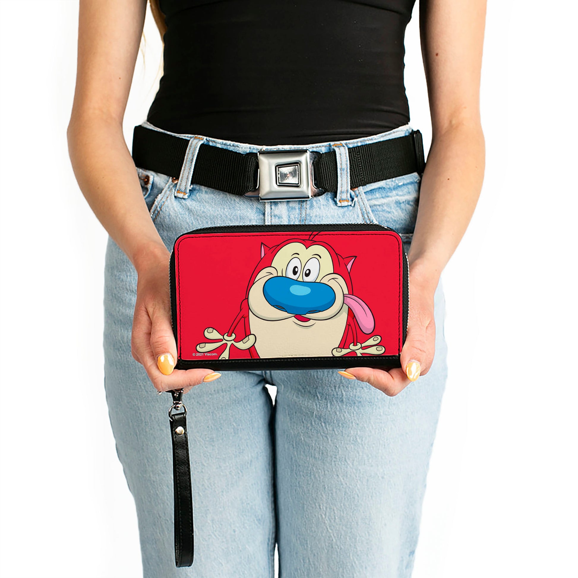 PU Zip Around Wallet Rectangle - The Ren & Stimpy Show Stimpy Smiling Pose CLOSE-UP Red Clutch Zip Around Wallets Ren and Stimpy