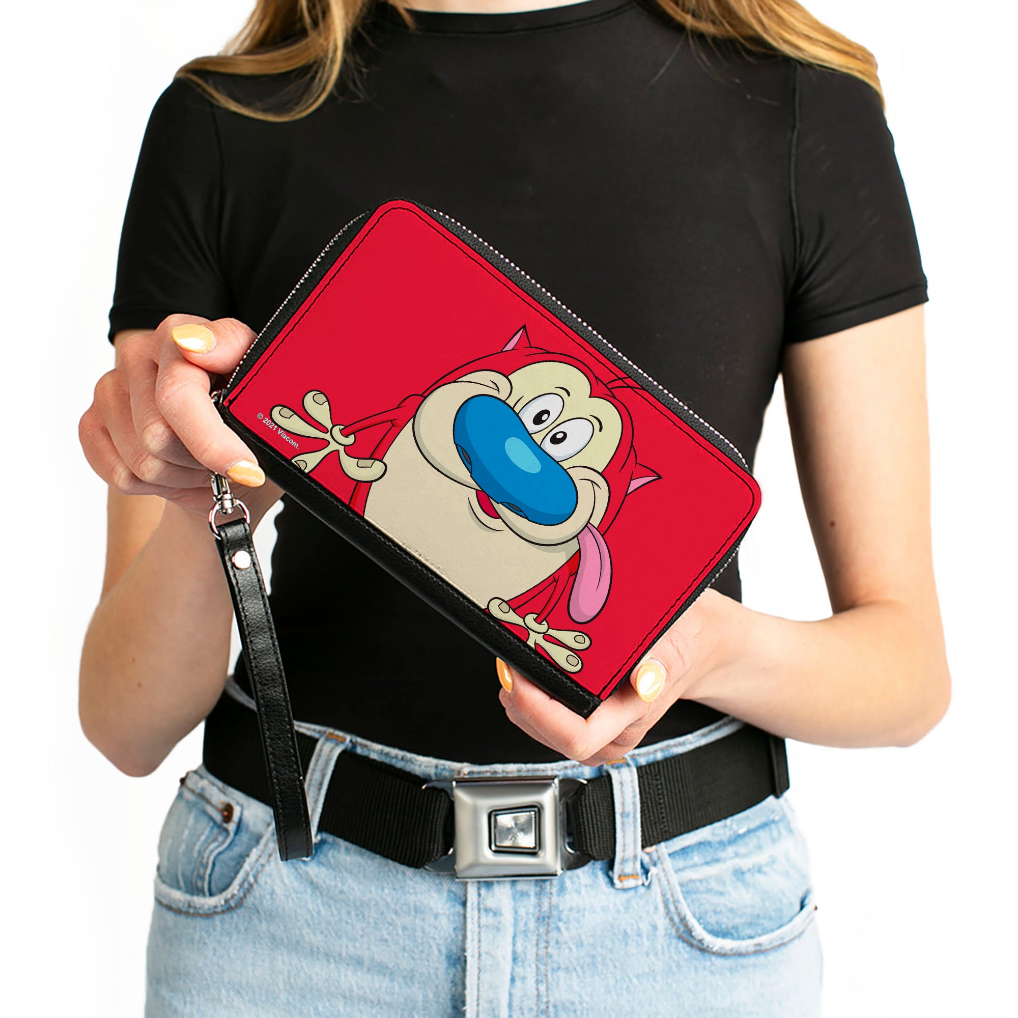 PU Zip Around Wallet Rectangle - The Ren & Stimpy Show Stimpy Smiling Pose CLOSE-UP Red Clutch Zip Around Wallets Ren and Stimpy