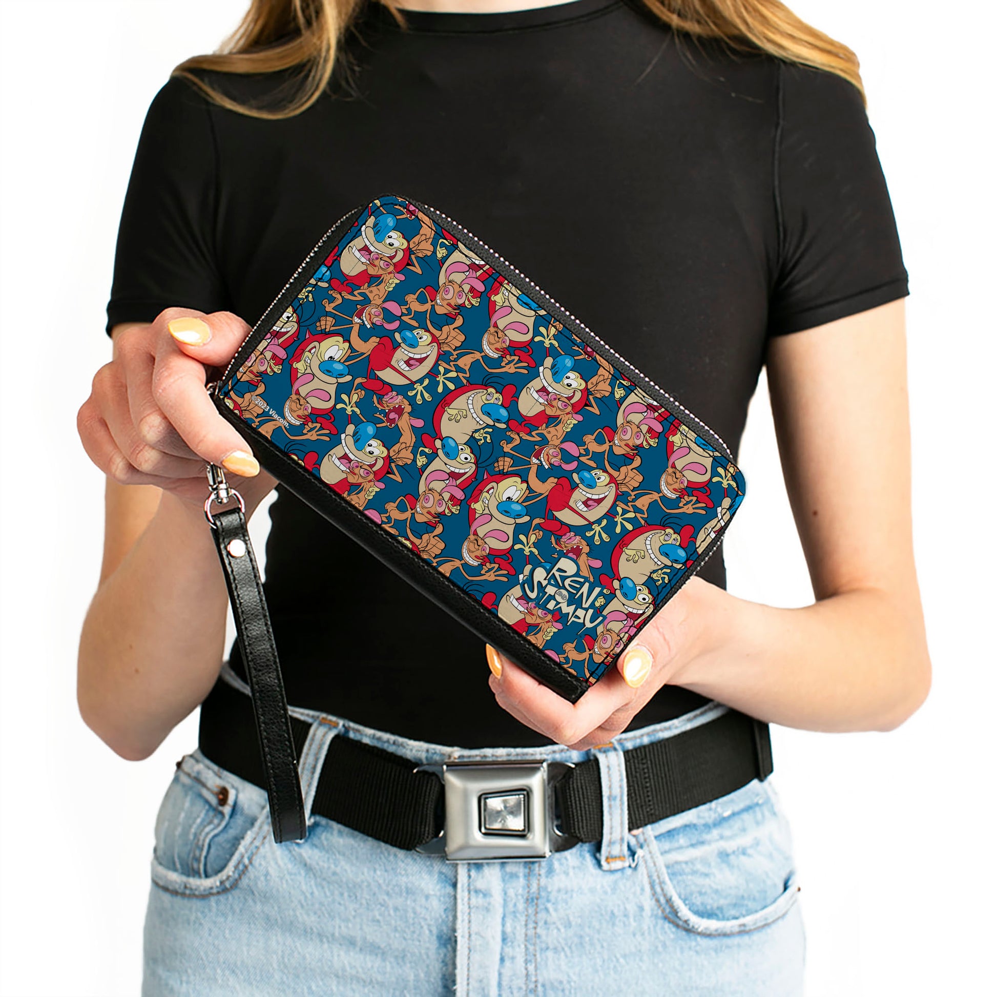 PU Zip Around Wallet Rectangle - REN AND STIMPY Multi-Pose Collage Blue Clutch Zip Around Wallets Ren and Stimpy